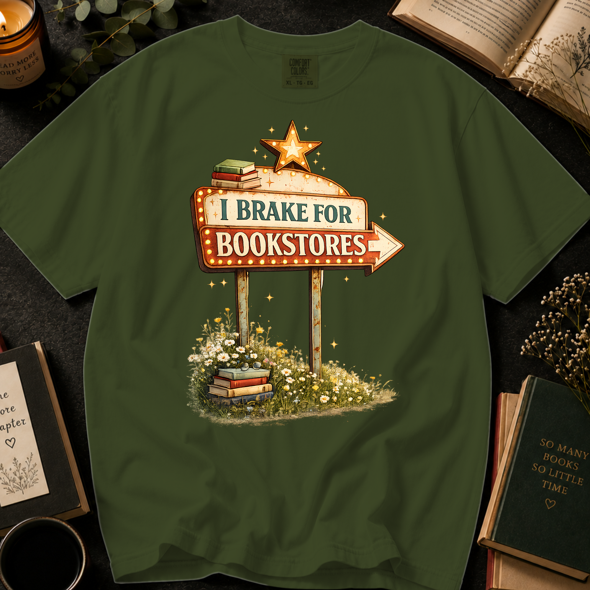 I Brake for Bookstores T-Shirt: Vintage Marquee Sign in Sage - Comfort Colors® T-Shirt