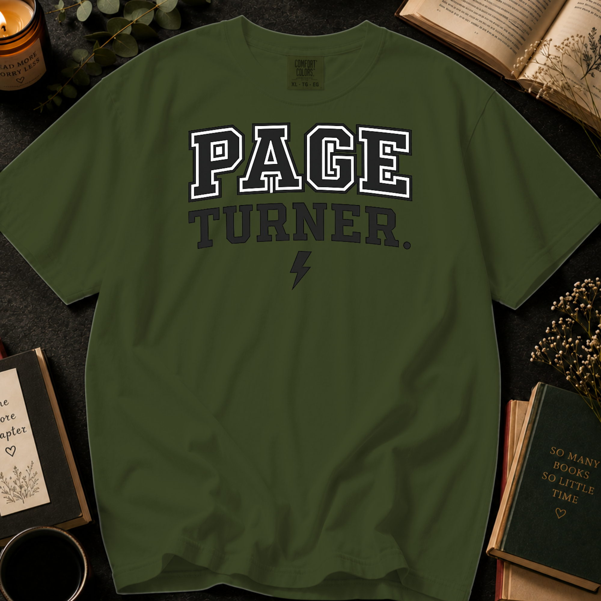 Page Turner T-Shirt: Varsity Style Book Lover in Sage - Comfort Colors® T-Shirt