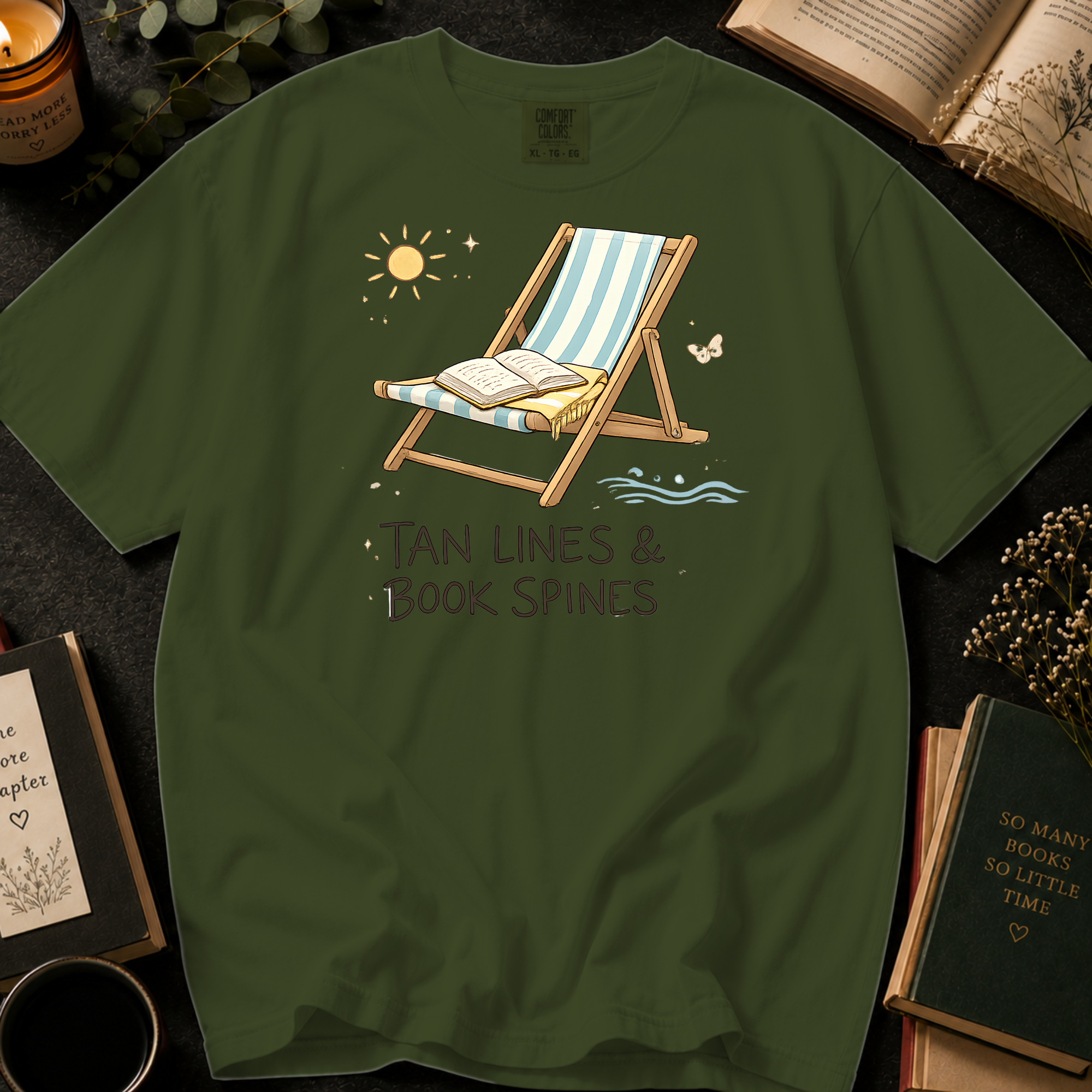 Tan Lines and Book Spines T-Shirt: Beach Chair in Sage - Comfort Colors® T-Shirt