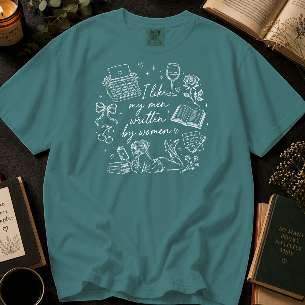 I Like My Men Written by Women T-Shirt: Typewriter and Book Lover in Seafoam - Comfort Colors® T-Shirt