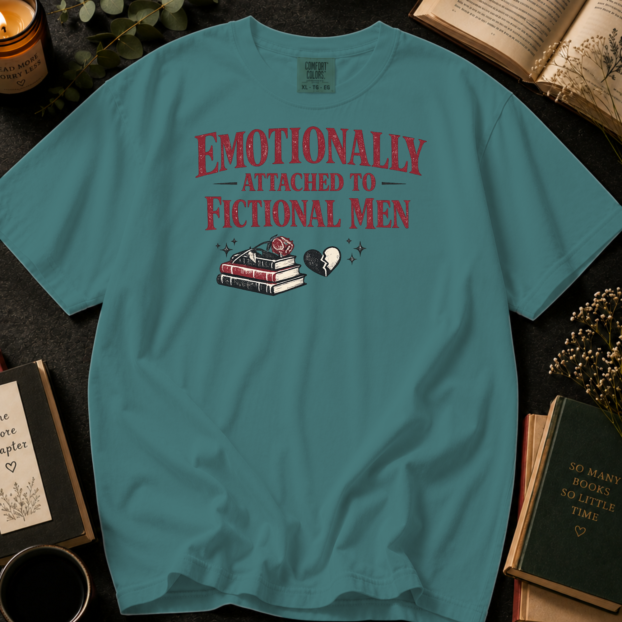 Emotionally Attached to Fictional Men T-Shirt: Broken Heart Book Stack in Seafoam - Comfort Colors® T-Shirt