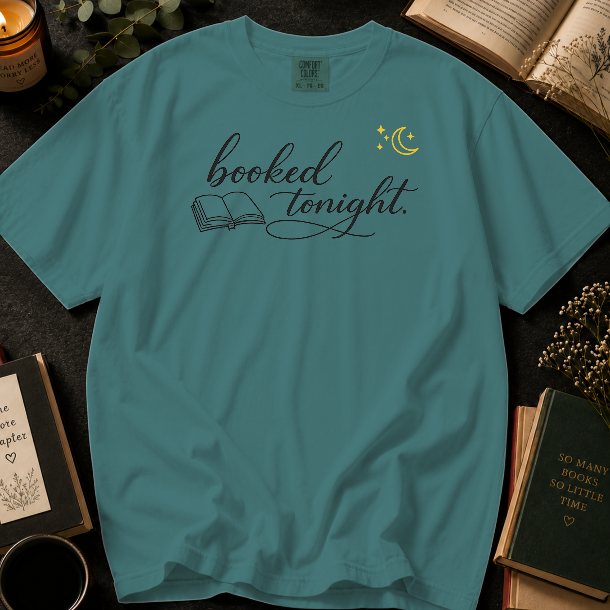 Booked Tonight T-Shirt: Cozy Evening Reading in Seafoam - Comfort Colors® T-Shirt
