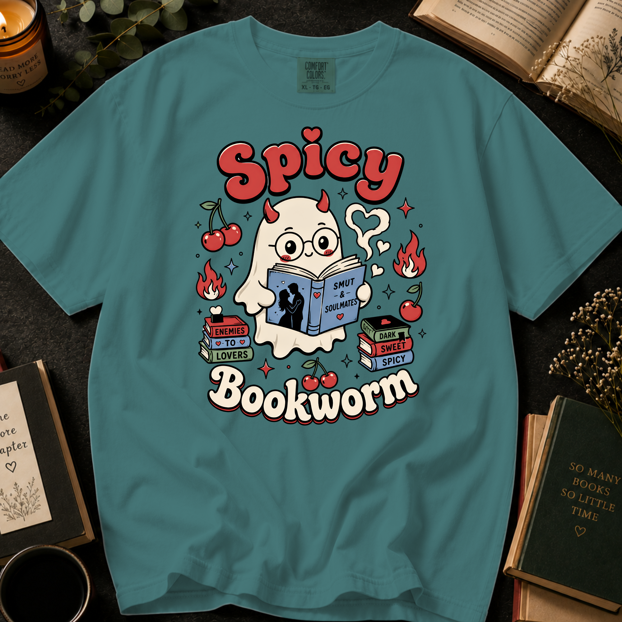 Spicy Bookworm T-Shirt: Cute Devil Ghost Reading in Seafoam - Comfort Colors® T-Shirt