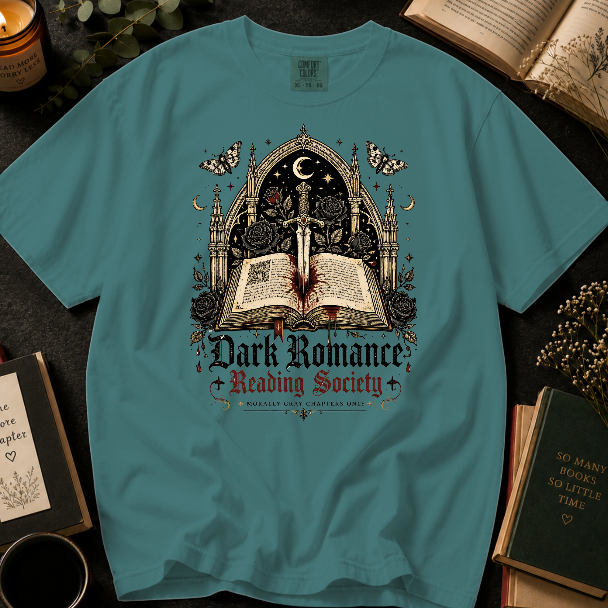 Dark Romance Reading Society T-Shirt: Gothic Dagger and Book in Seafoam - Comfort Colors® T-Shirt