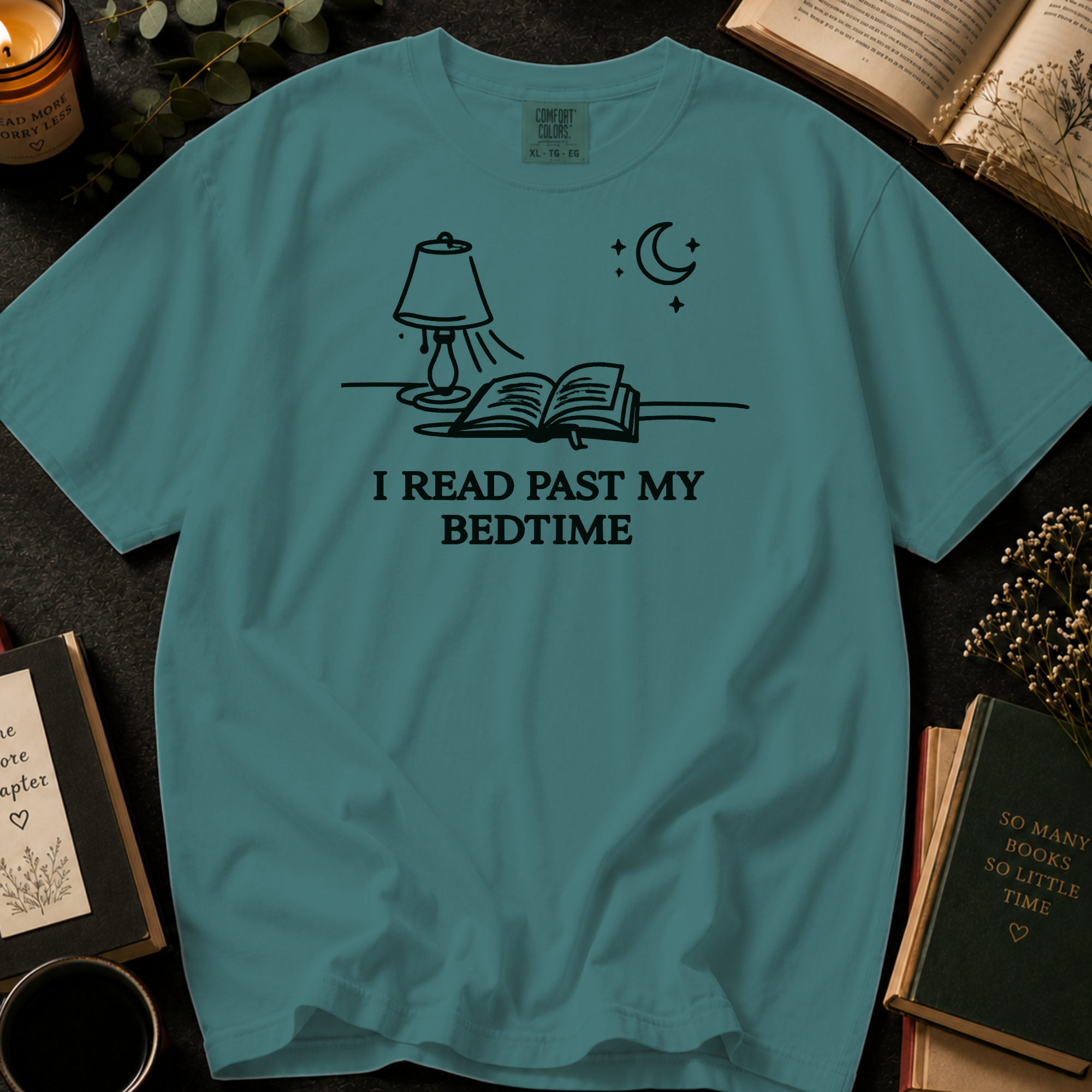 I Read Past My Bedtime T-Shirt: Nightstand Lamp and Book in Seafoam - Comfort Colors® T-Shirt