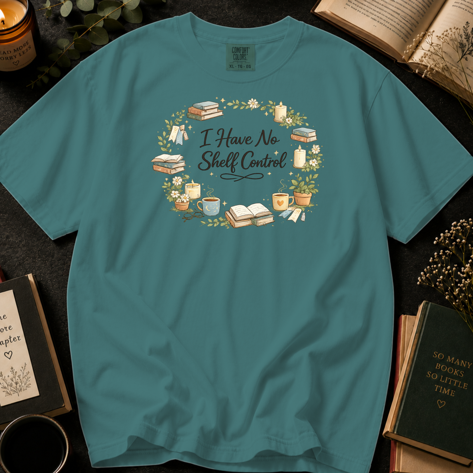 I Have No Shelf Control T-Shirt: Cozy Wreath in Seafoam - Comfort Colors® T-Shirt