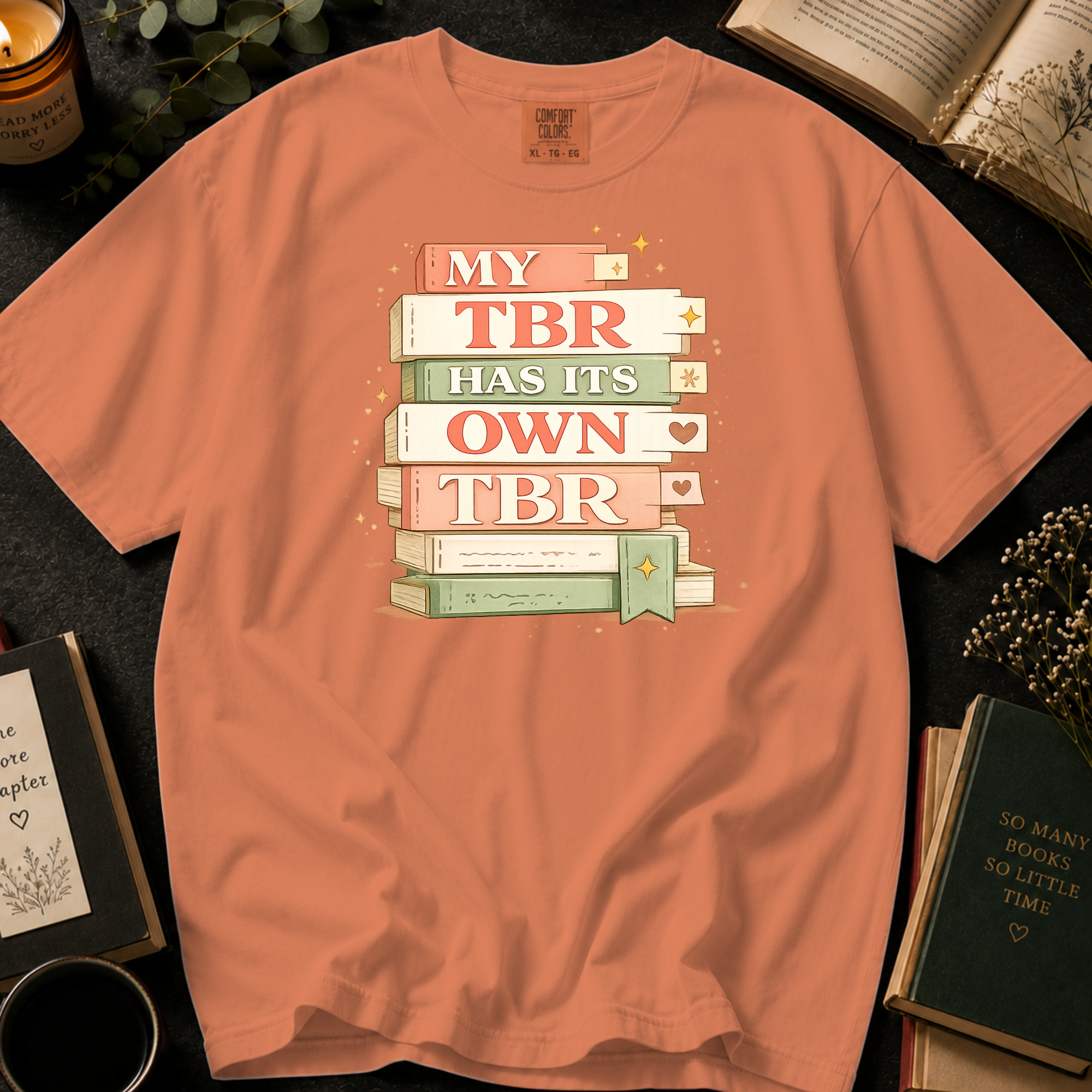 My TBR Has Its Own TBR T-Shirt: Stacked Book Spine in Terracotta - Comfort Colors® T-Shirt