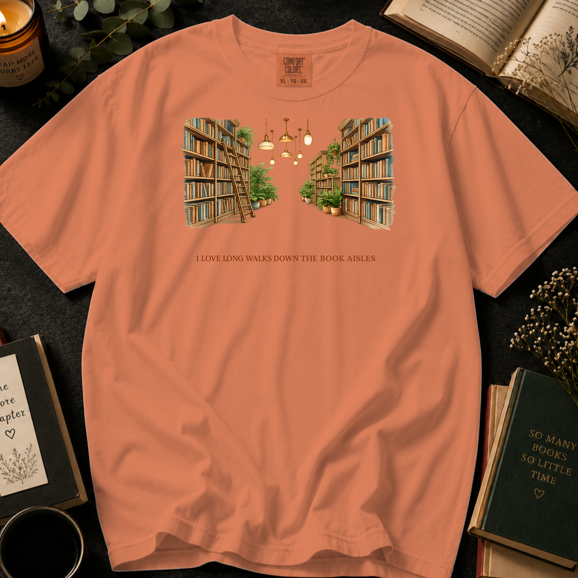 I Love Long Walks Down The Book Aisles T-Shirt: Cozy Library in Terracotta - Comfort Colors® T-Shirt