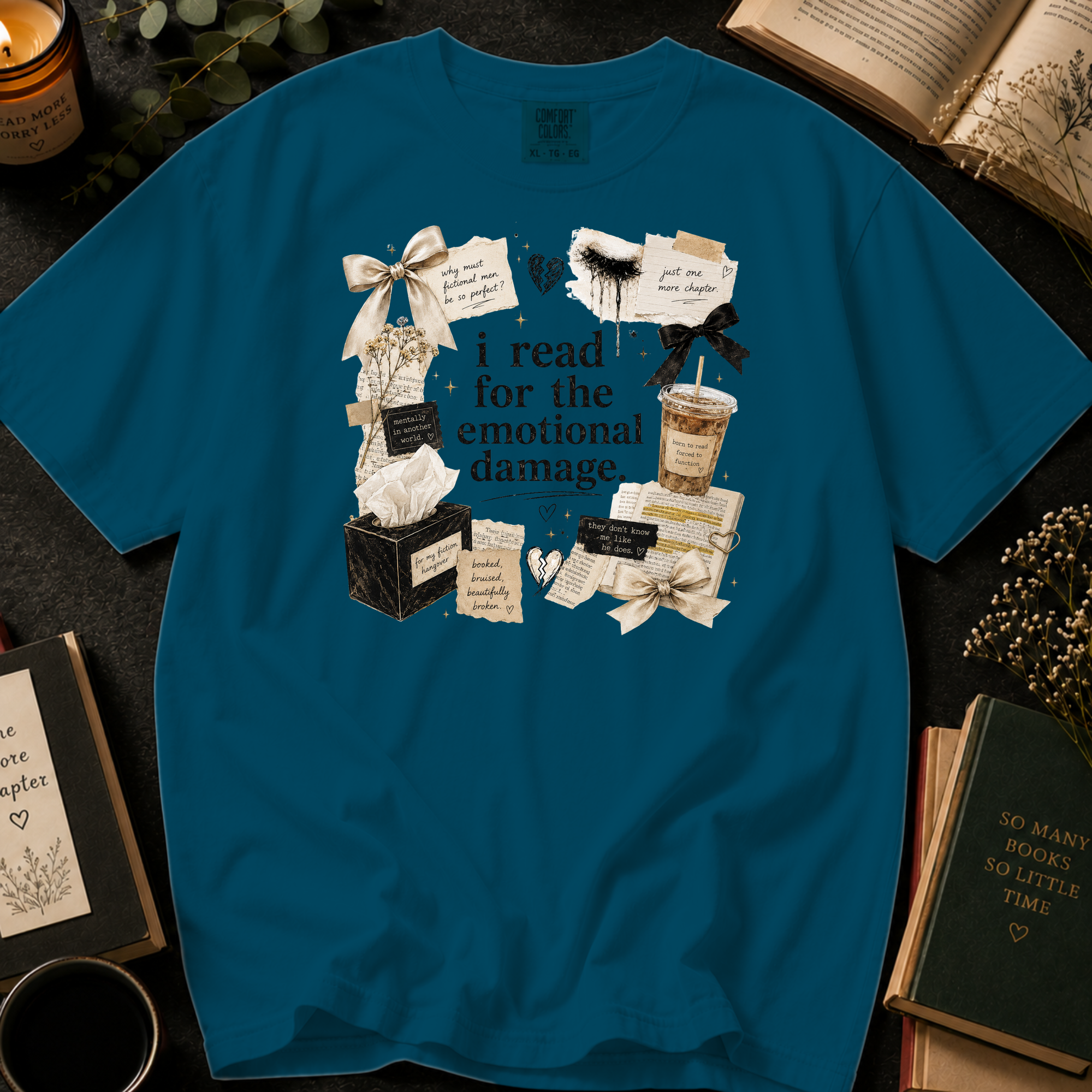 I Read For The Emotional Damage T-Shirt: Book Lover Collage in Topaz Blue - Comfort Colors® T-Shirt