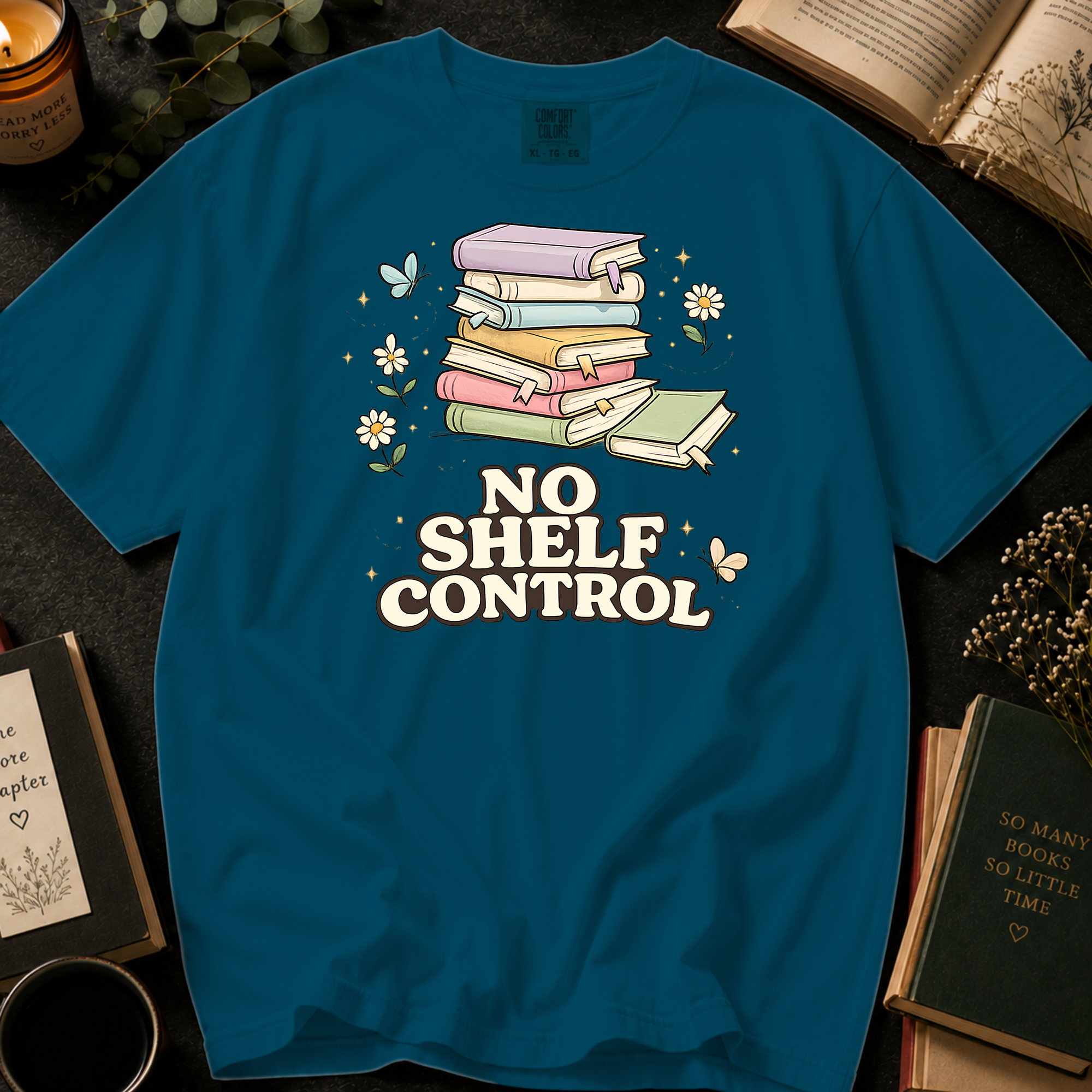 No Shelf Control T-Shirt: Pastel Book Stack in Topaz Blue - Comfort Colors® T-Shirt