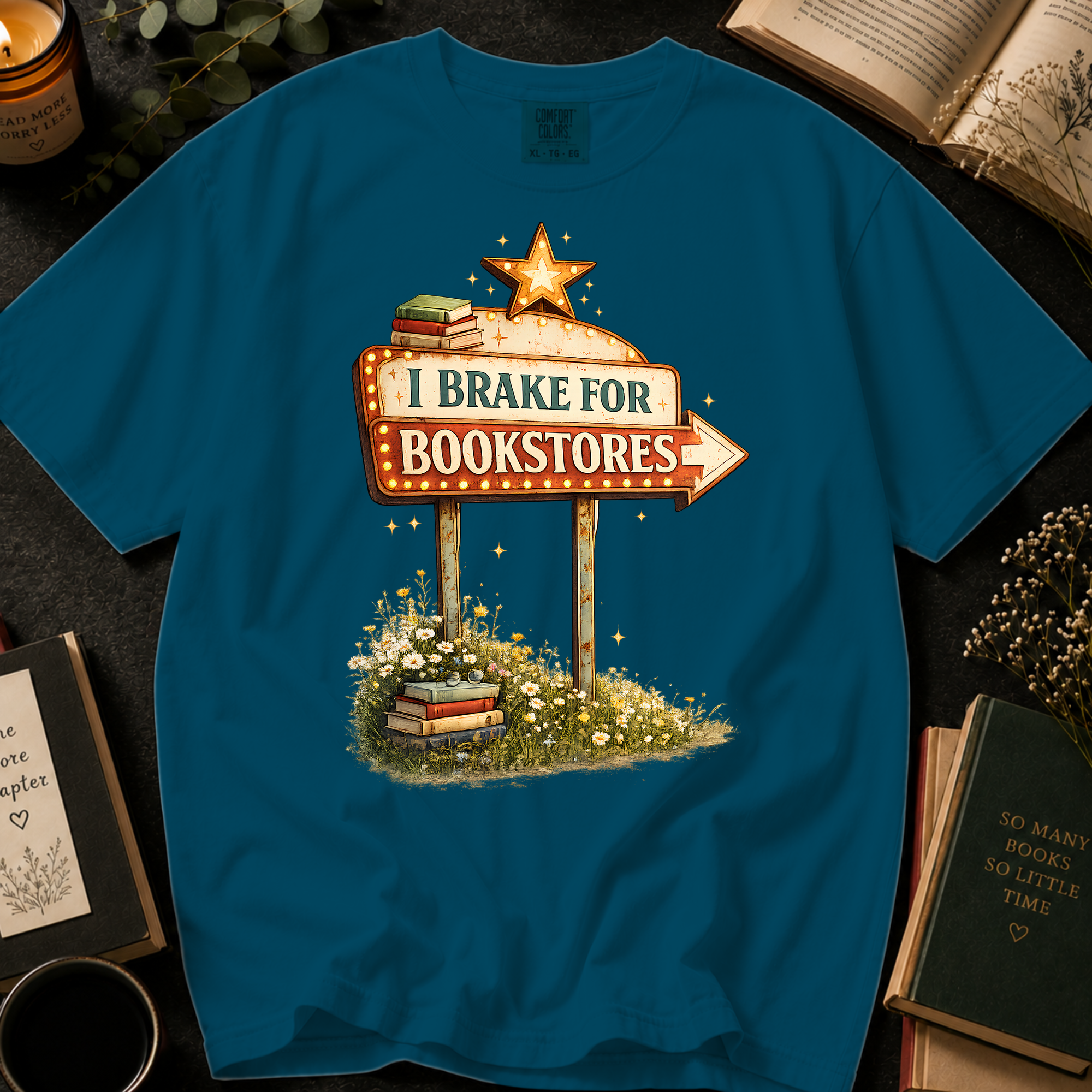 I Brake for Bookstores T-Shirt: Vintage Marquee Sign in Topaz Blue - Comfort Colors® T-Shirt