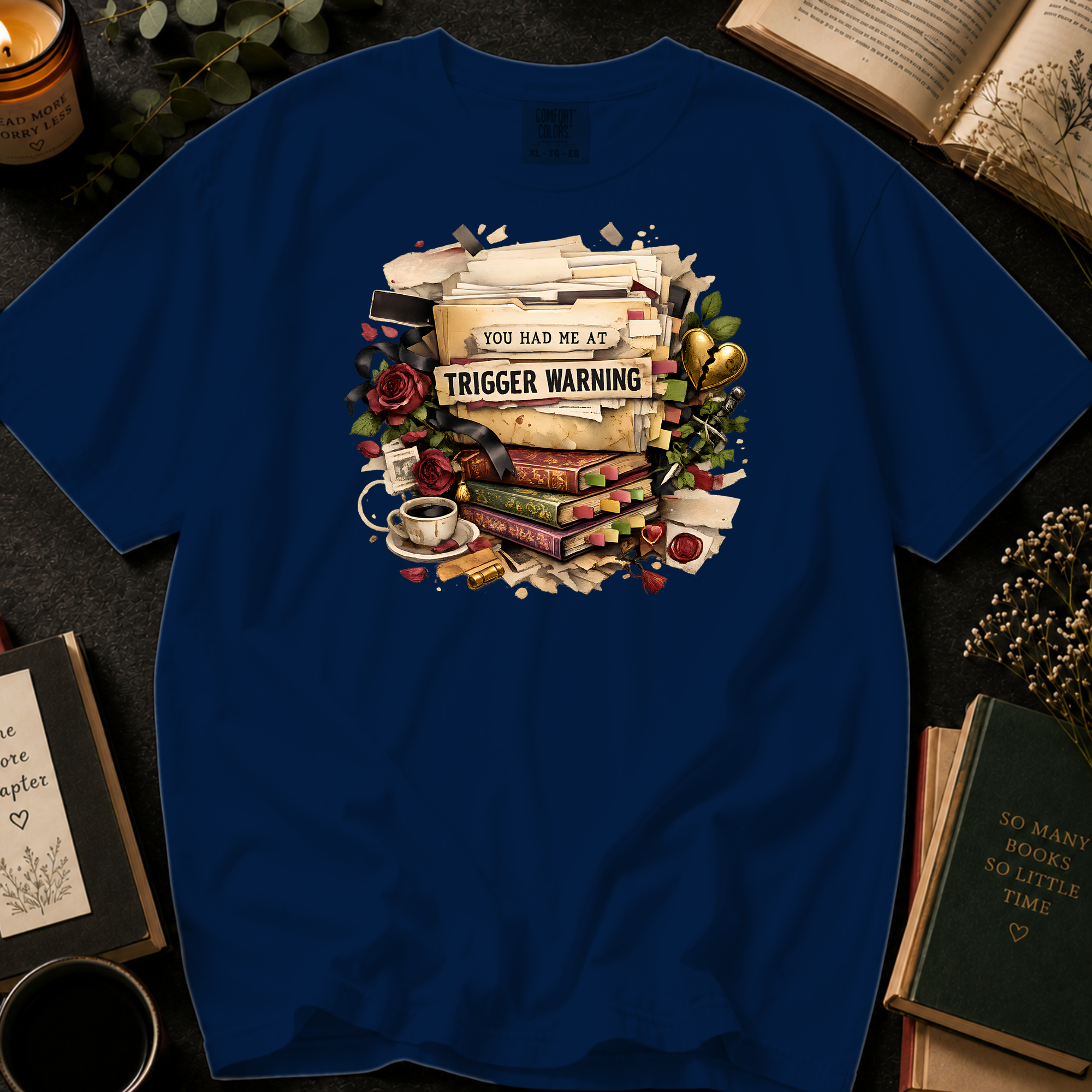 You Had Me At Trigger Warning T-Shirt: Vintage Book Stack in True Navy - Comfort Colors® T-Shirt