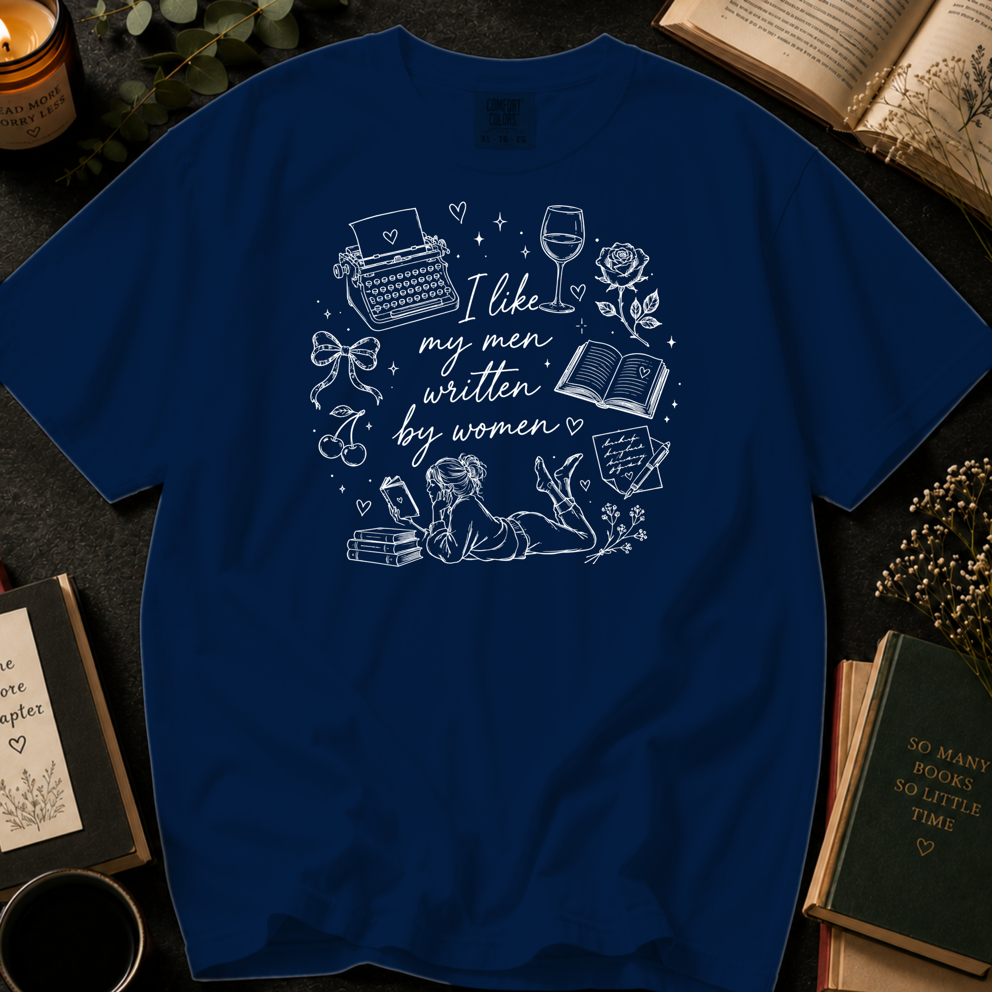 I Like My Men Written by Women T-Shirt: Typewriter and Book Lover in True Navy - Comfort Colors® T-Shirt