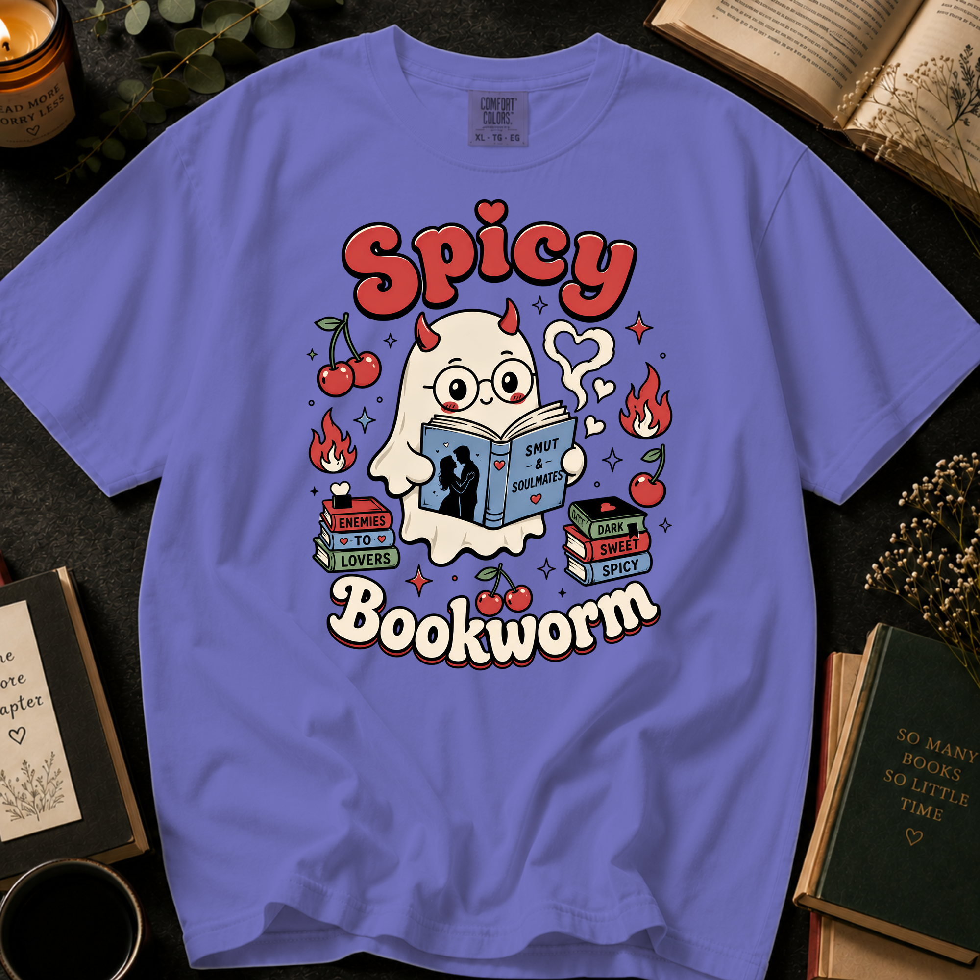 Spicy Bookworm T-Shirt: Cute Devil Ghost Reading in Violet - Comfort Colors® T-Shirt