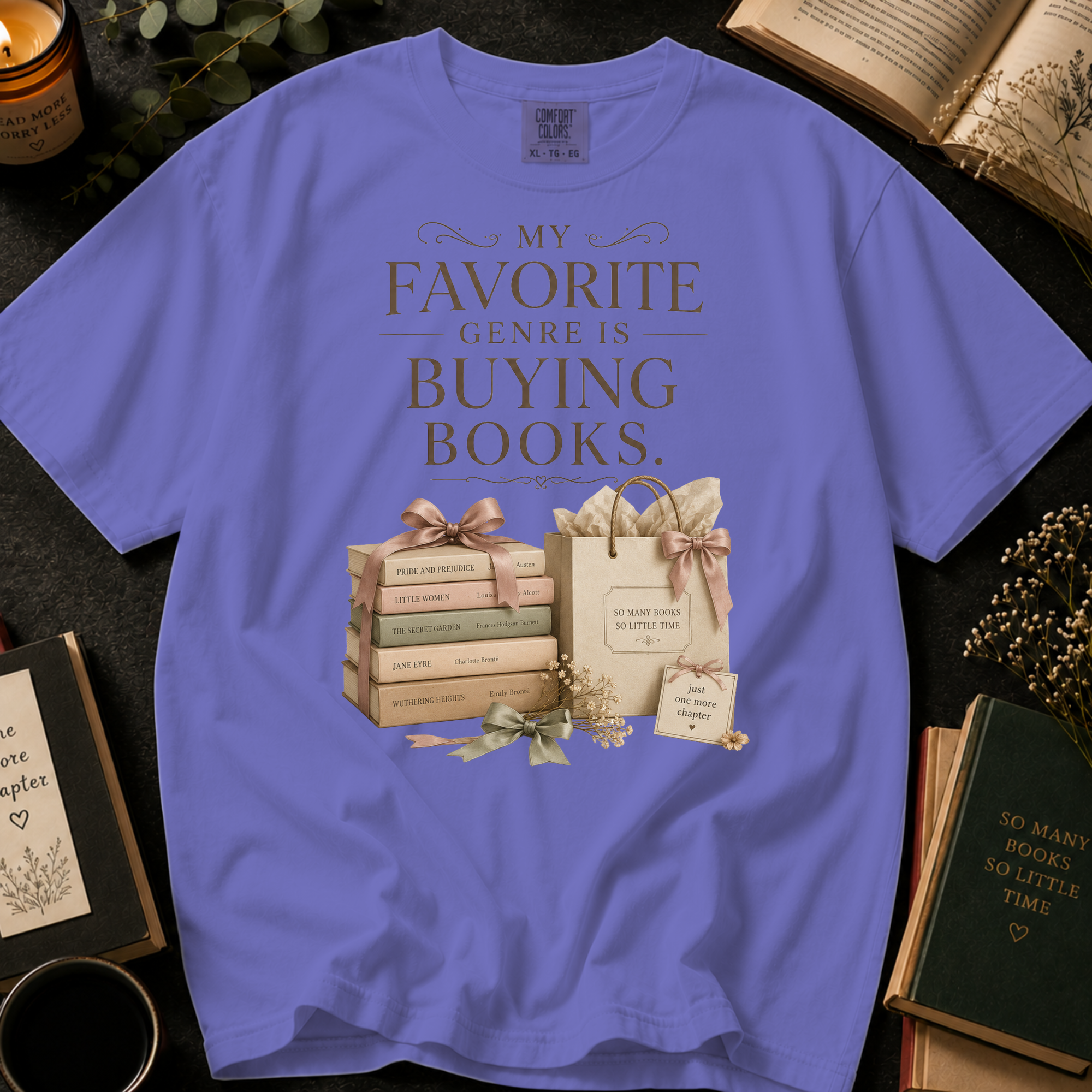 My Favorite Genre Is Buying Books T-Shirt: Classic Book Stack and Gift Bag in Violet - Comfort Colors® T-Shirt