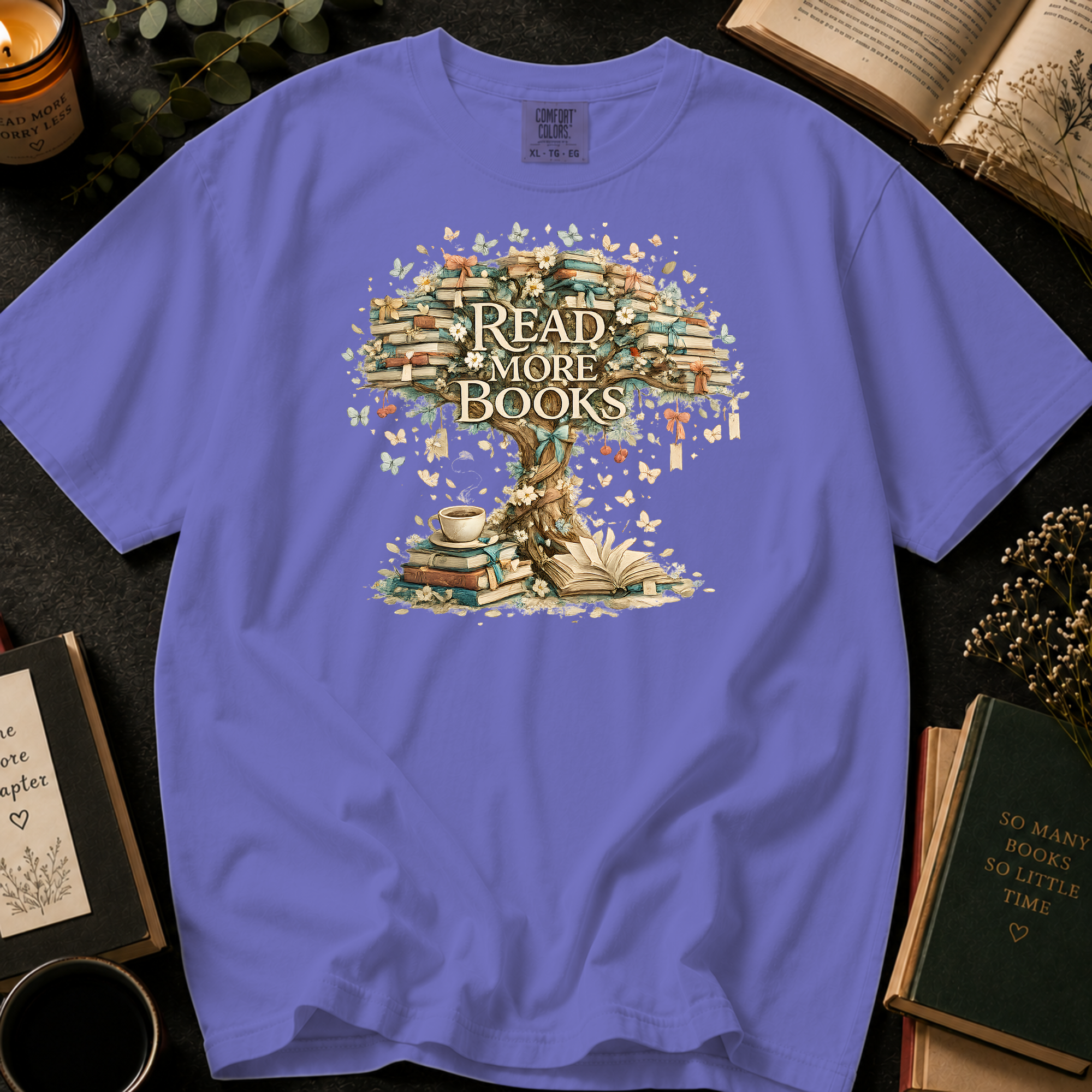 Read More Books T-Shirt: Vintage Book Tree in Violet - Comfort Colors® T-Shirt