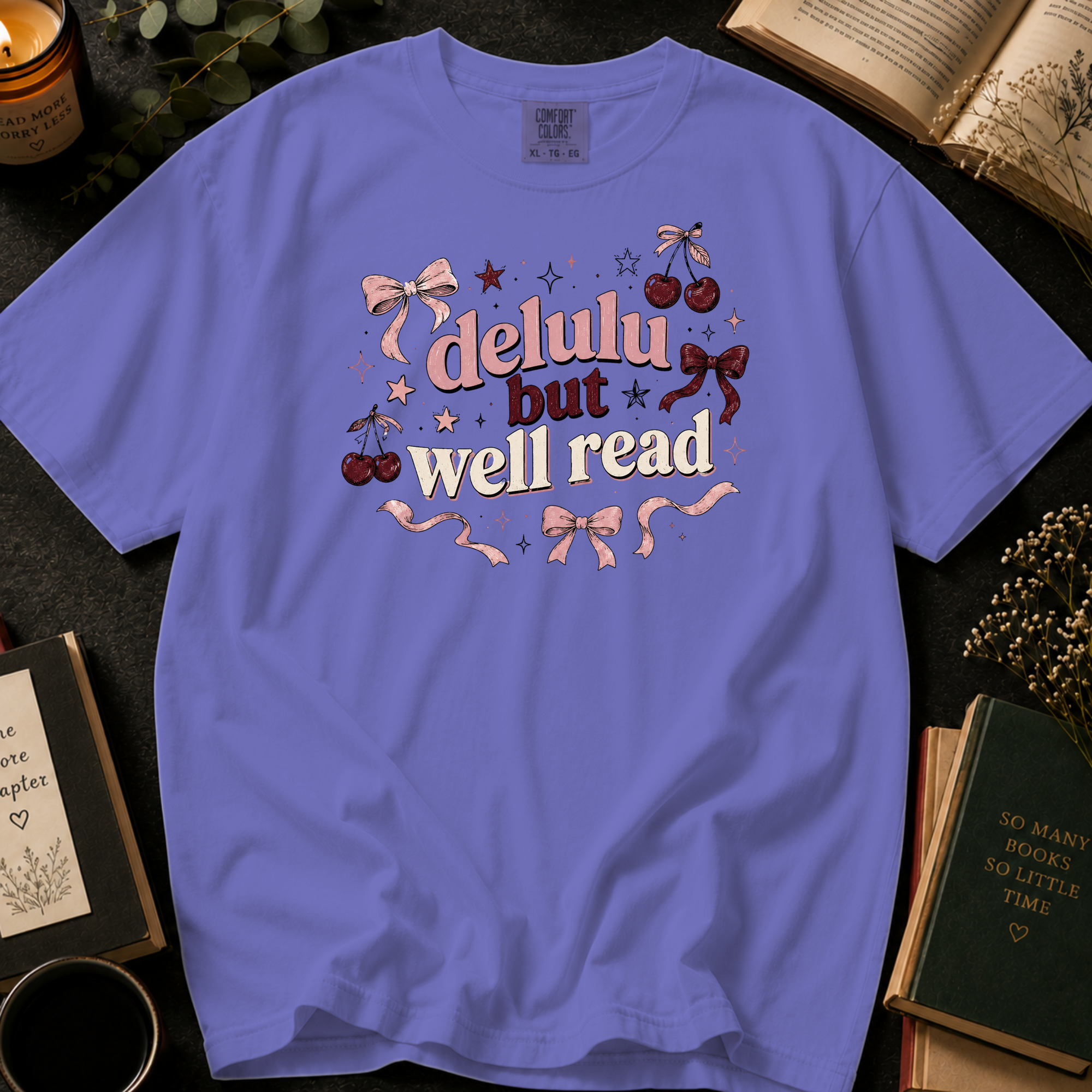 Delulu But Well Read T-Shirt: Retro Cherry and Bow in Violet - Comfort Colors® T-Shirt