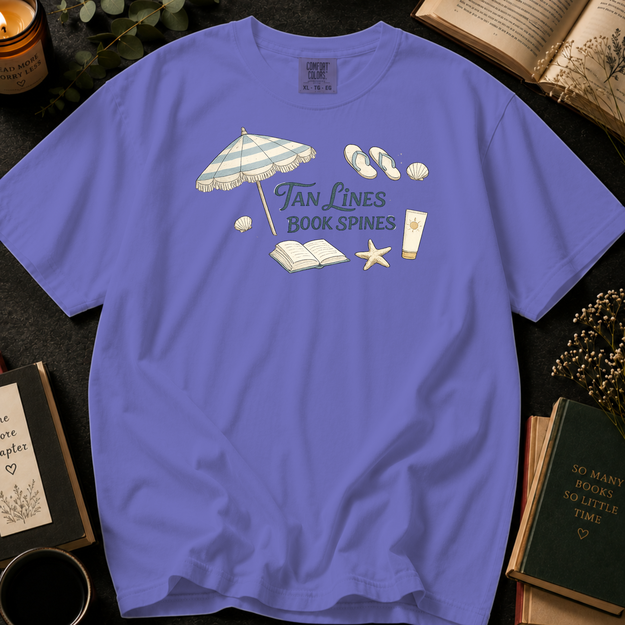Tan Lines and Book Spines T-Shirt: Beach Umbrella in Violet - Comfort Colors® T-Shirt