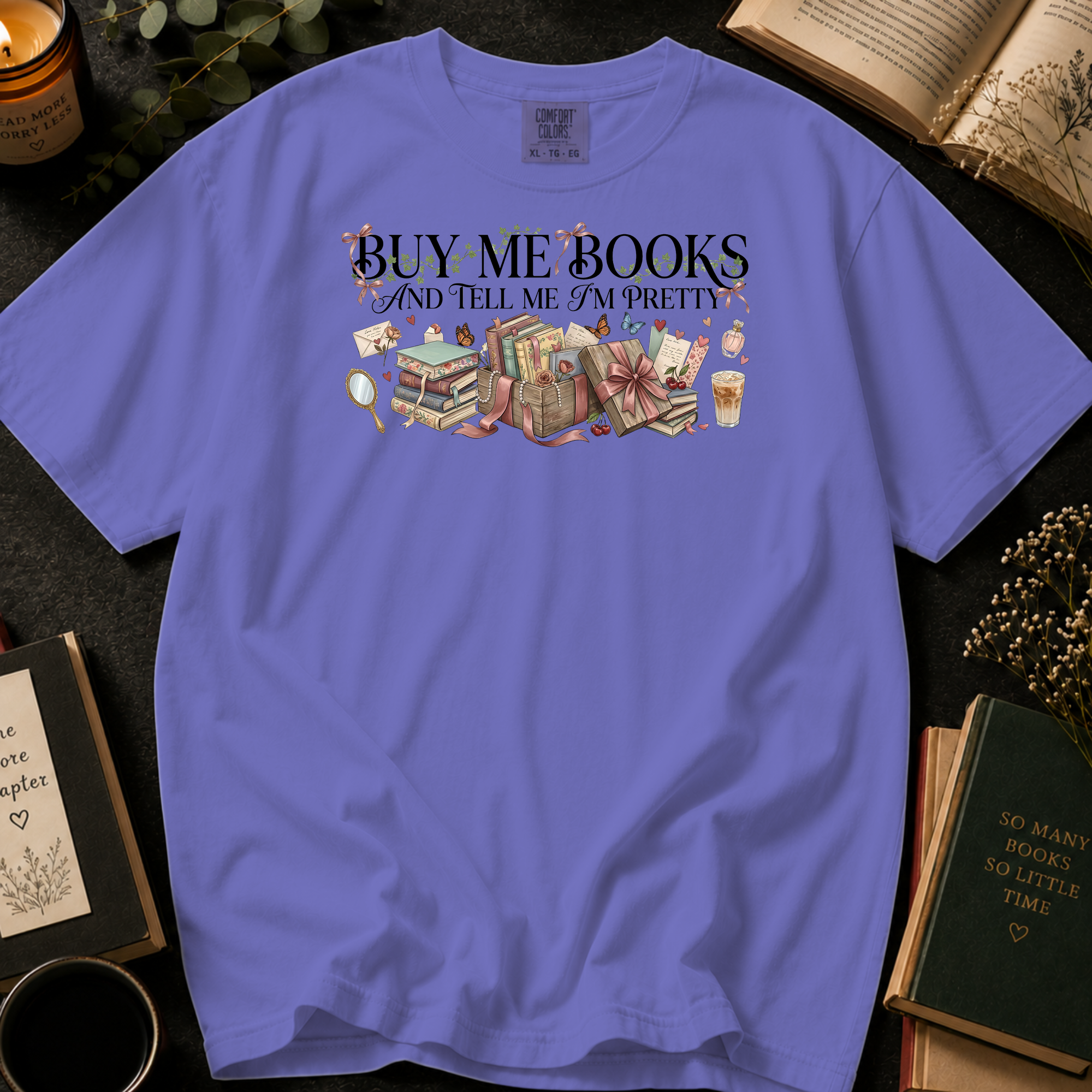 Buy Me Books and Tell Me I'm Pretty T-Shirt: Vintage Vanity and Gift Box in Violet - Comfort Colors® T-Shirt