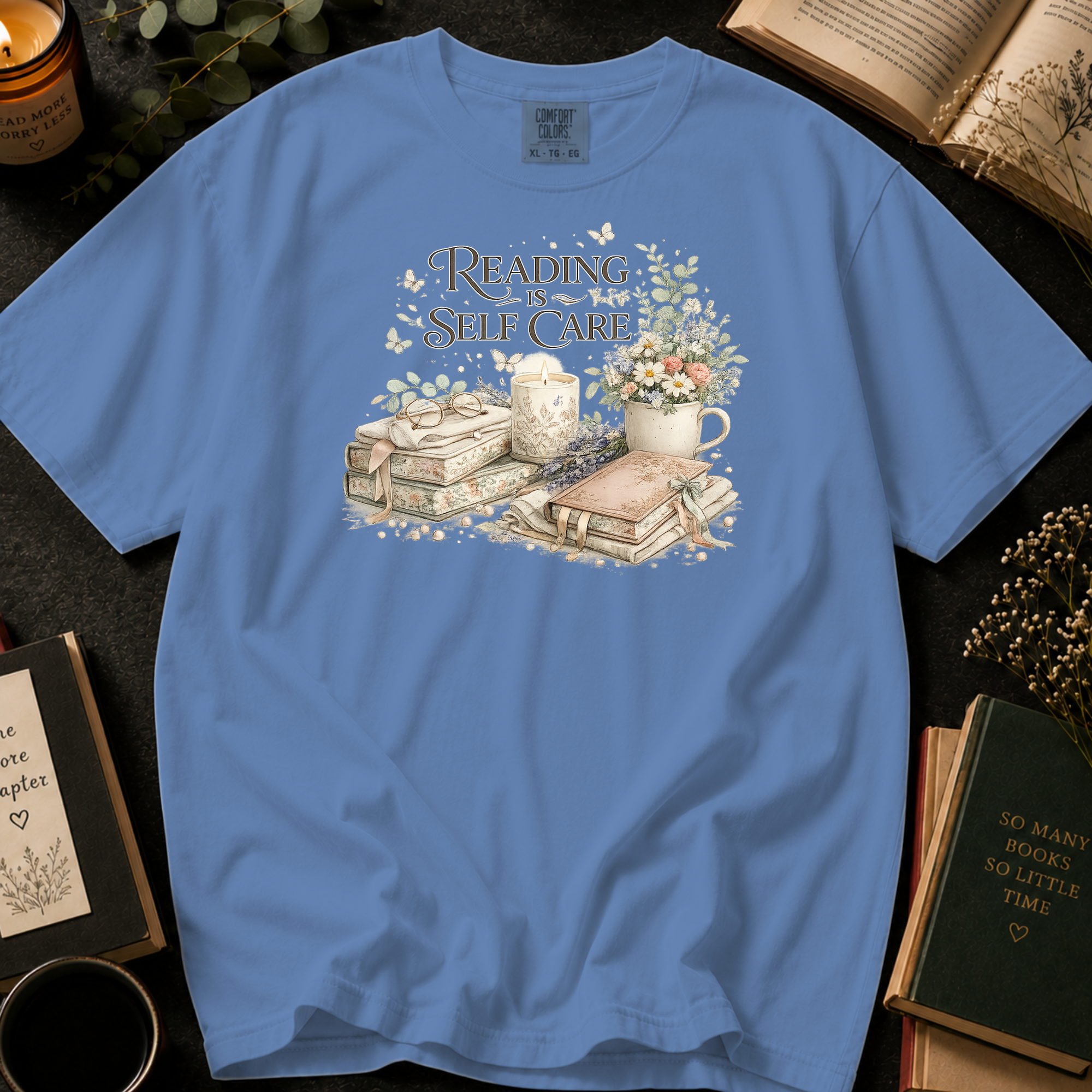 Reading Is Self Care T-Shirt: Candlelight and Books in Washed Denim - Comfort Colors® T-Shirt