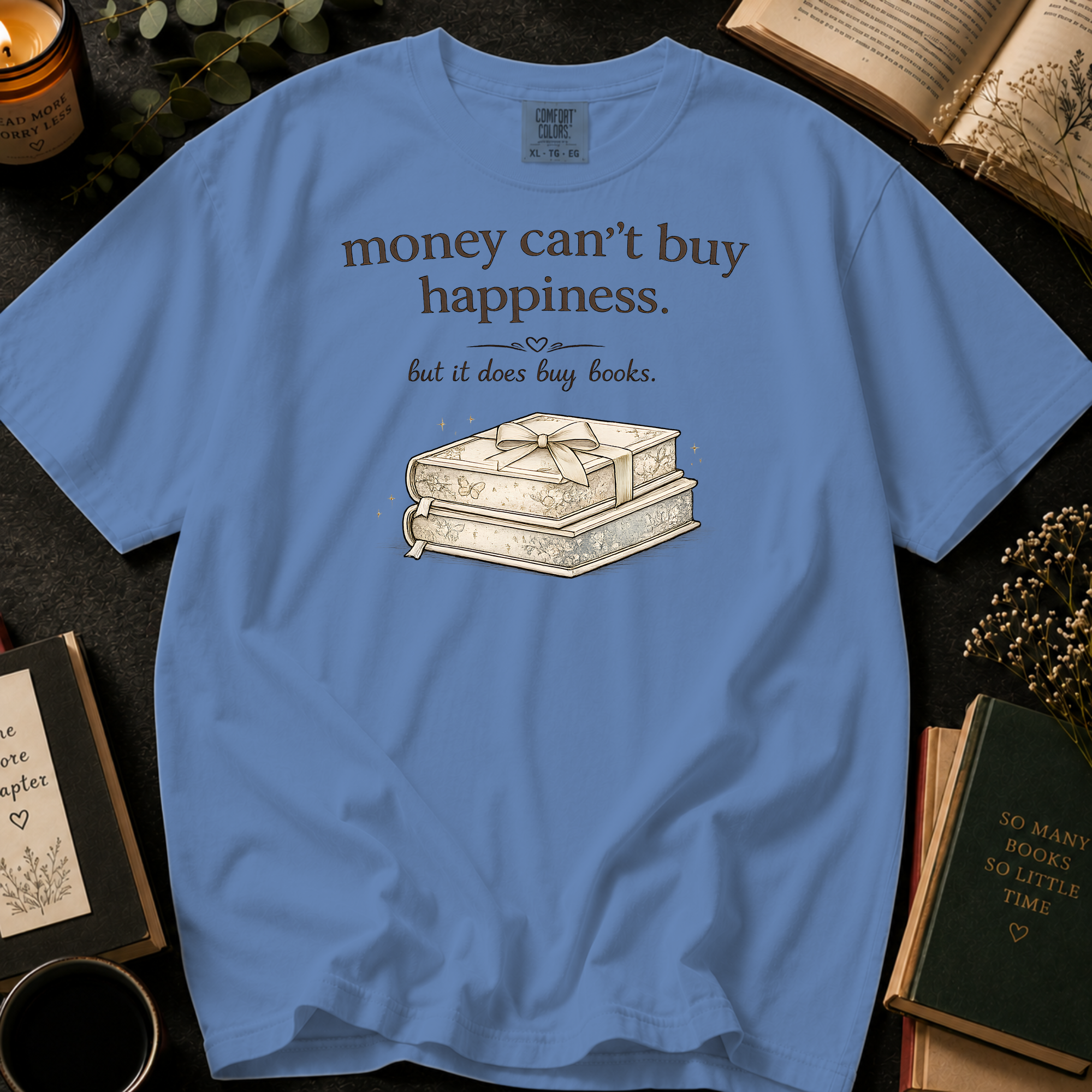 Money Can't Buy Happiness But It Does Buy Books T-Shirt: Gift Wrapped Stack in Washed Denim - Comfort Colors® T-Shirt