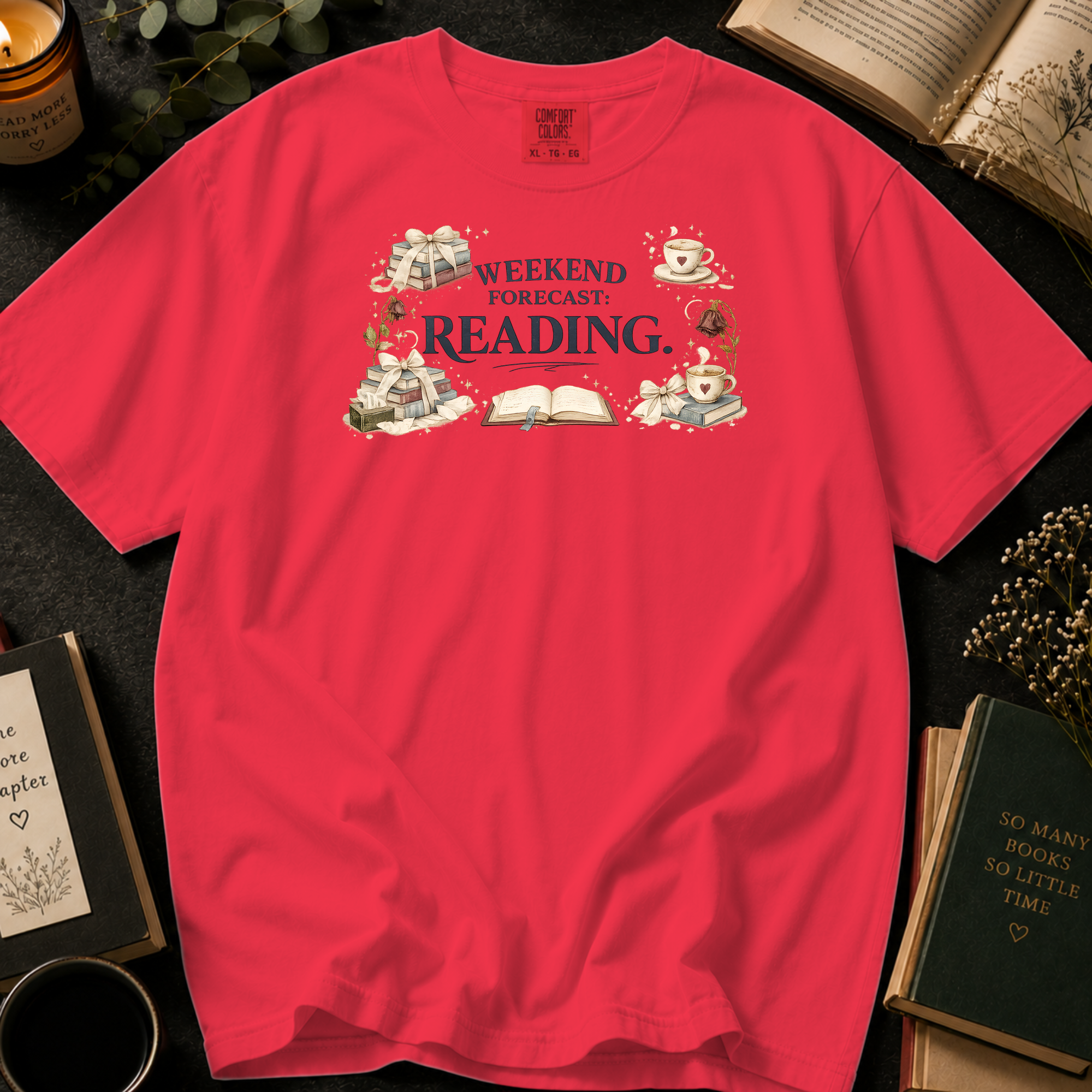 Weekend Forecast Reading T-Shirt: Book Lover in Watermelon - Comfort Colors® T-Shirt