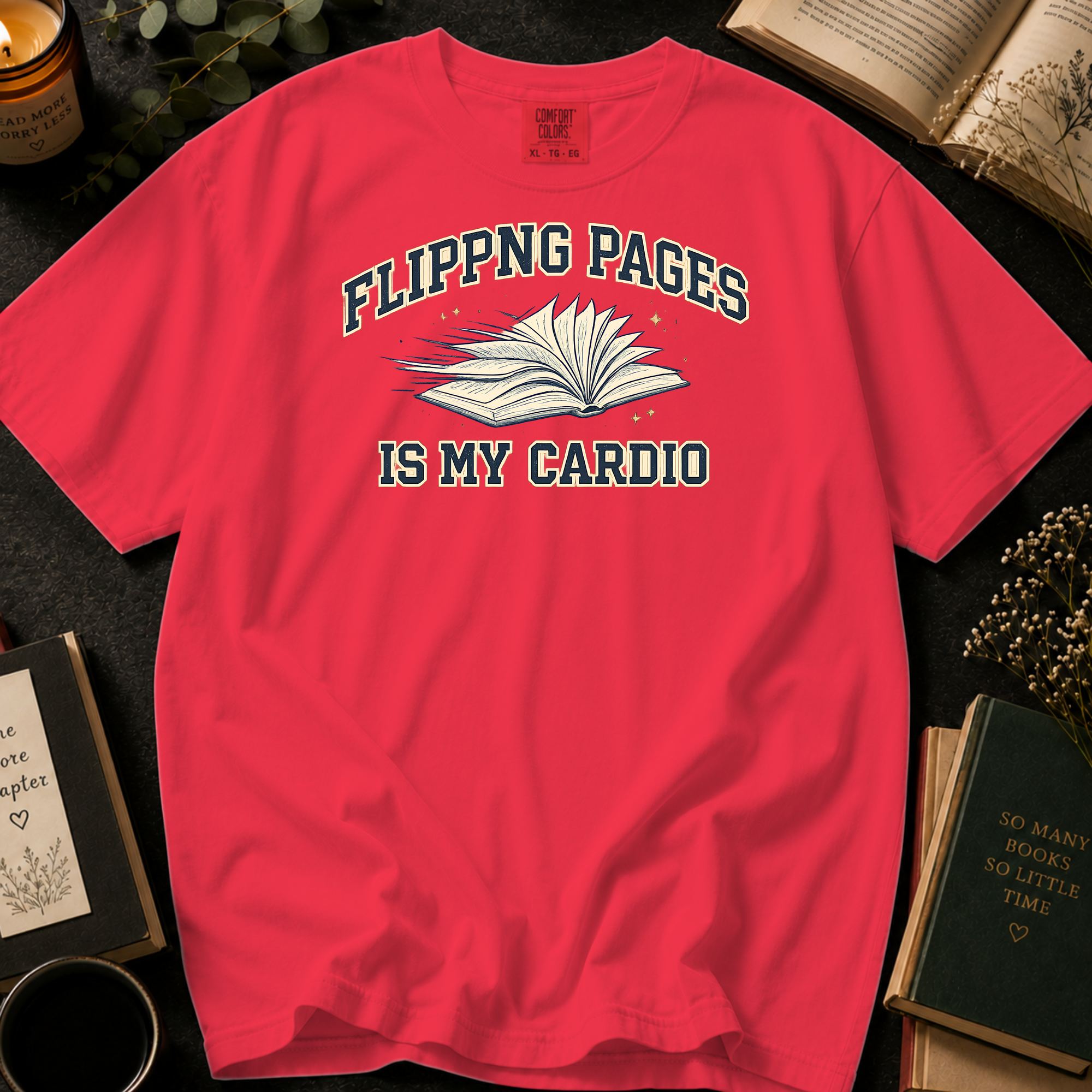 Flipping Pages Is My Cardio T-Shirt: Varsity Book in Watermelon - Comfort Colors® T-Shirt