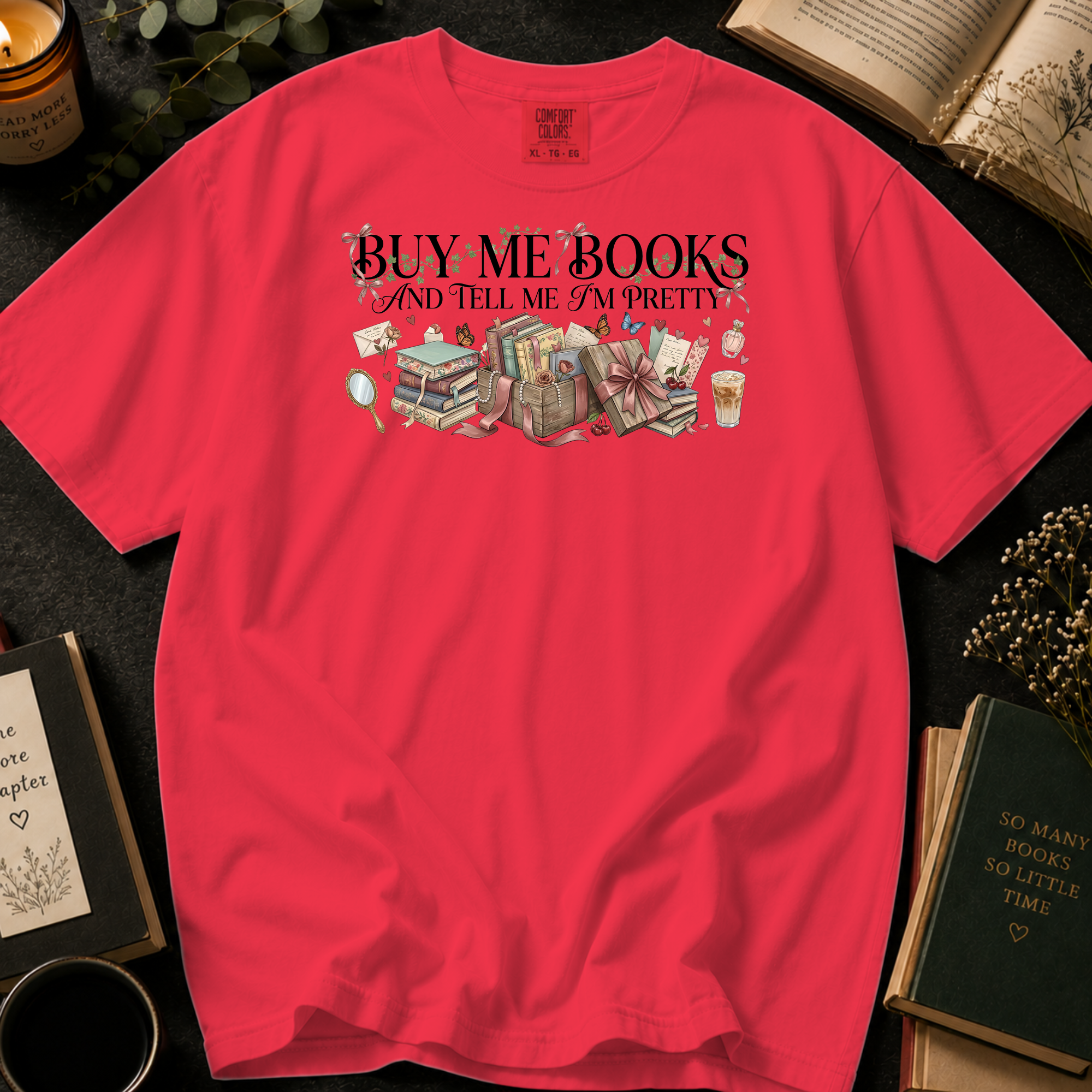 Buy Me Books and Tell Me I'm Pretty T-Shirt: Vintage Vanity and Gift Box in Watermelon - Comfort Colors® T-Shirt