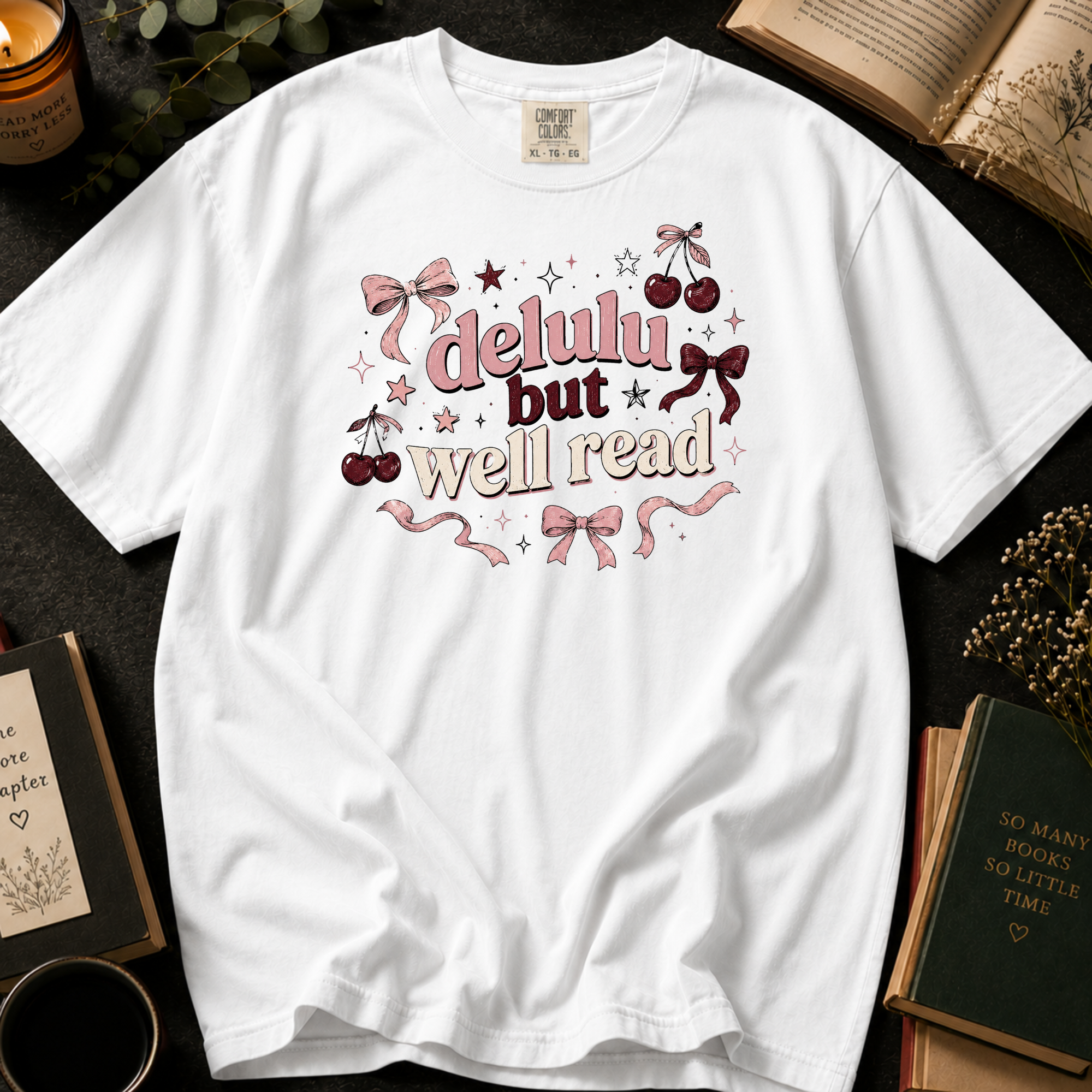 Delulu But Well Read T-Shirt: Retro Cherry and Bow in White - Comfort Colors® T-Shirt