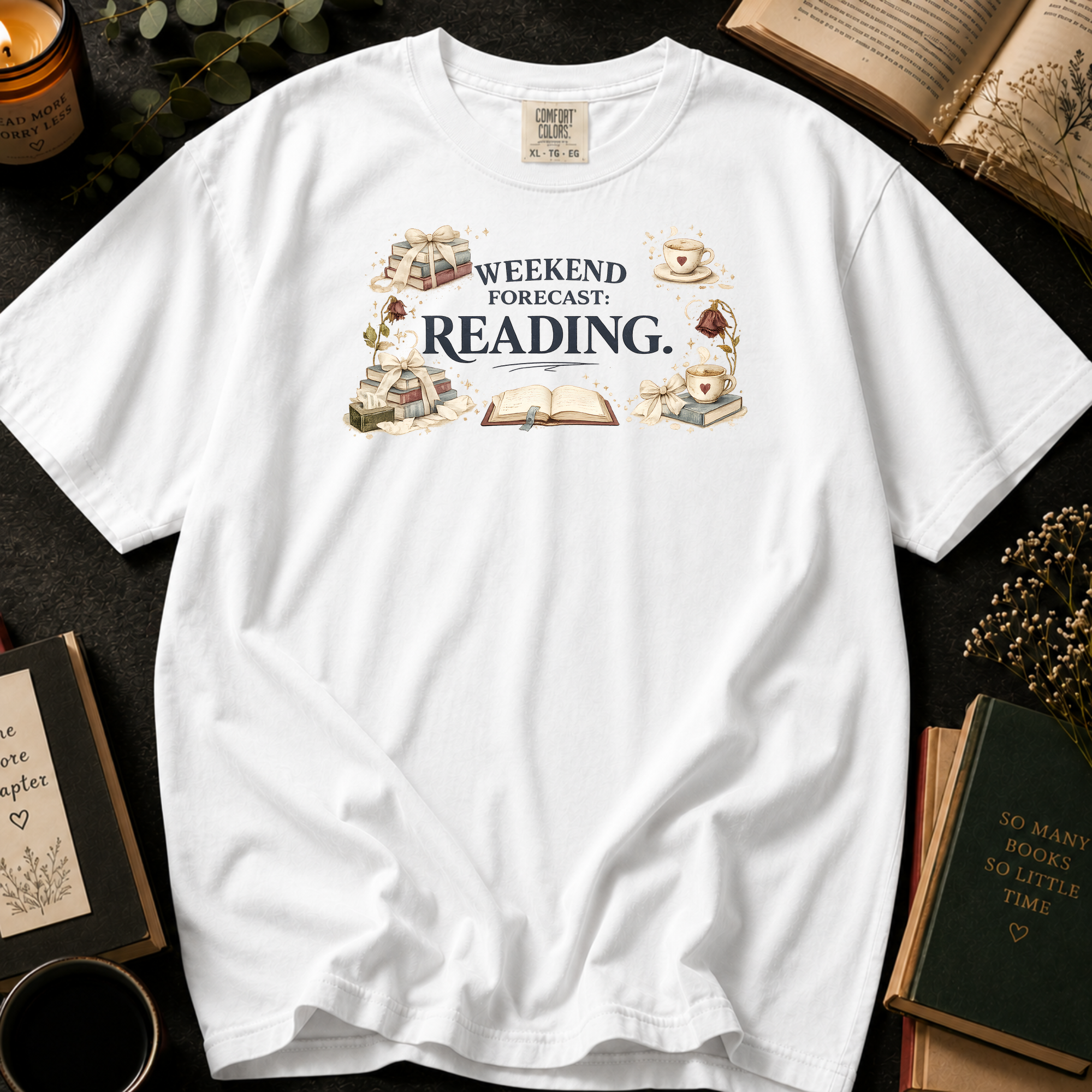 Weekend Forecast Reading T-Shirt: Book Lover in White - Comfort Colors® T-Shirt