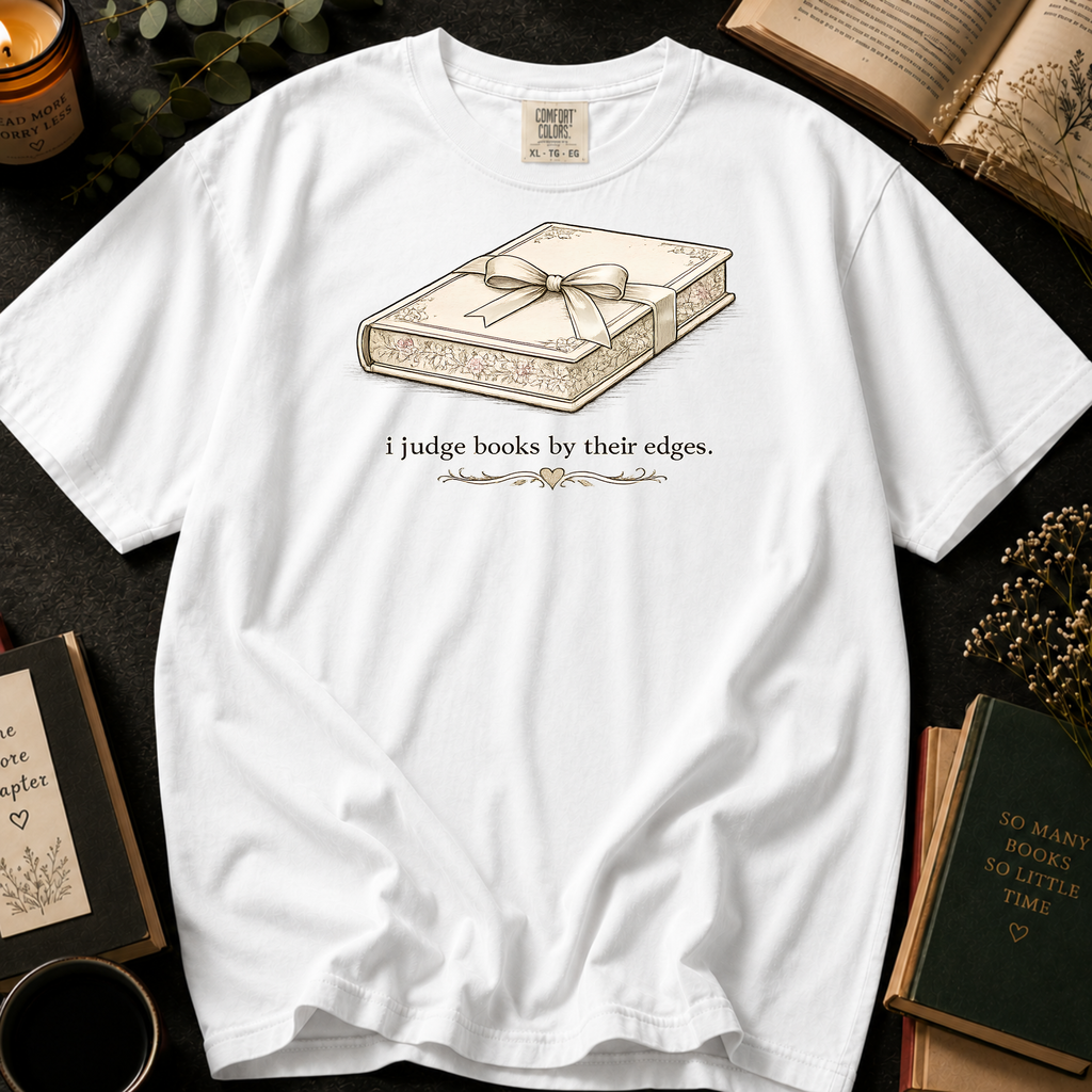 I Judge Books By Their Edges T-Shirt: Vintage Wrapped Book in White - Comfort Colors® T-Shirt