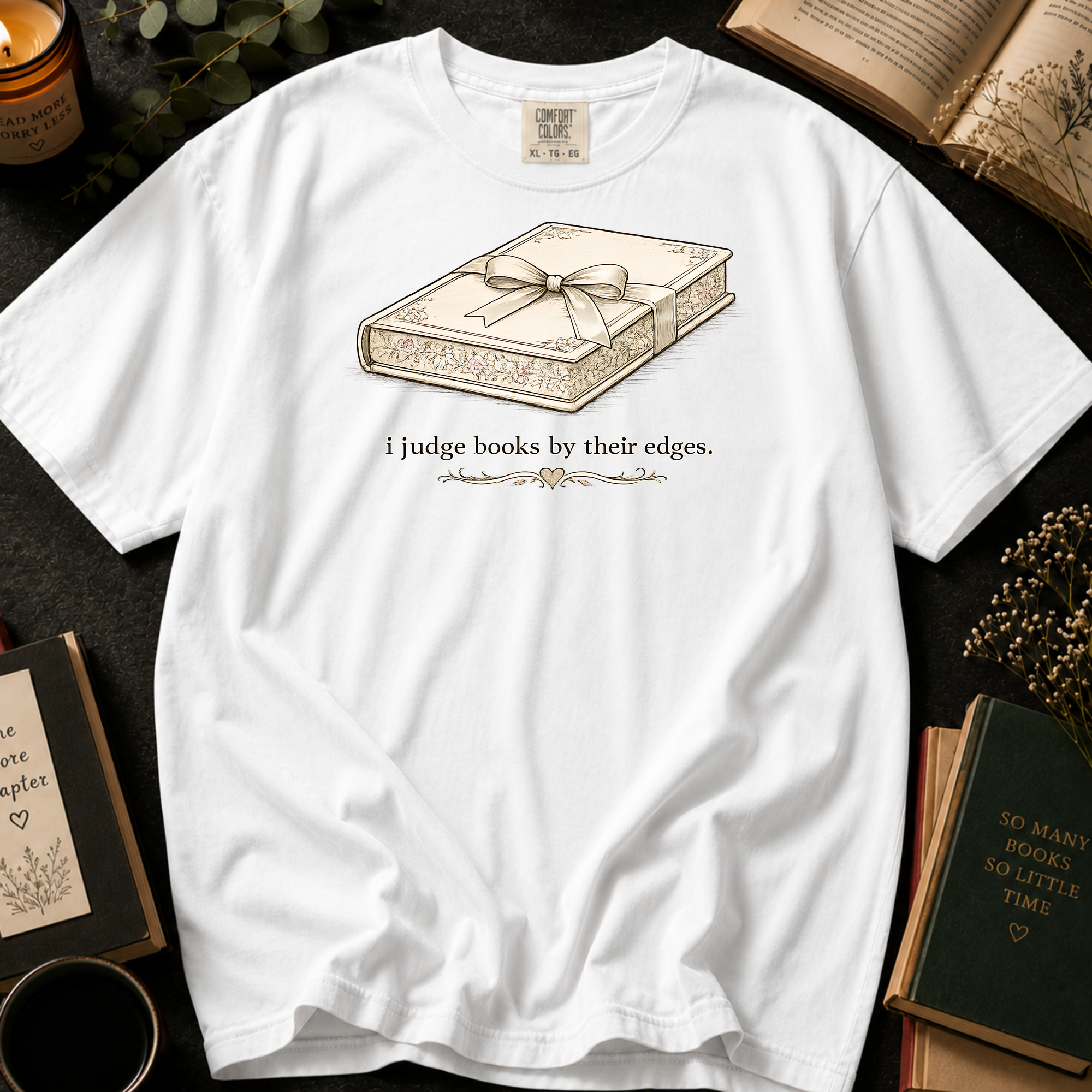 I Judge Books By Their Edges T-Shirt: Vintage Wrapped Book in White - Comfort Colors® T-Shirt