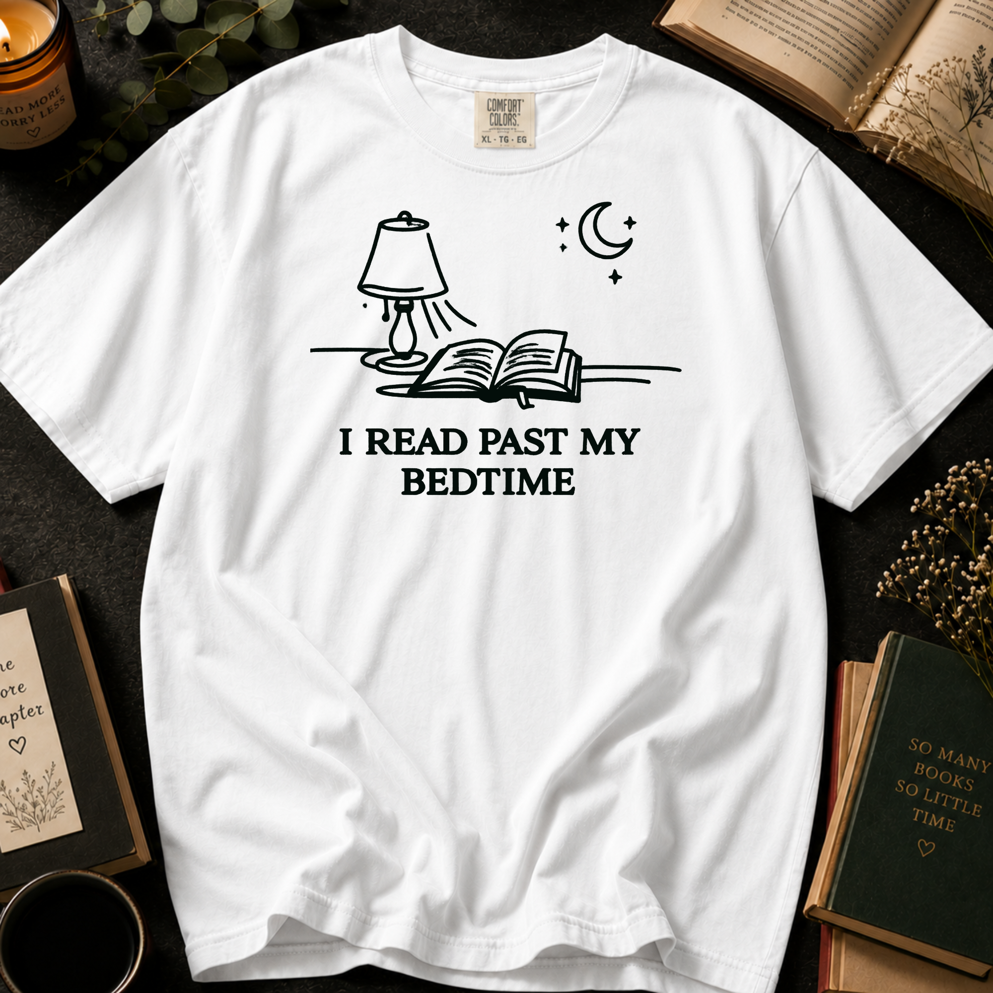 I Read Past My Bedtime T-Shirt: Nightstand Lamp and Book in White - Comfort Colors® T-Shirt
