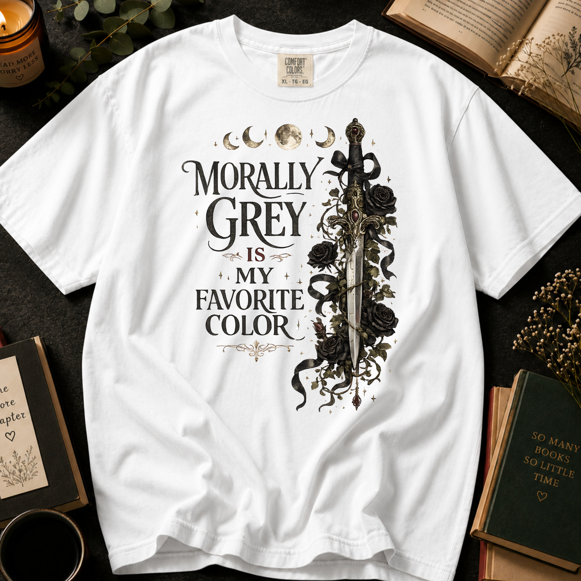 Morally Grey Is My Favorite Color T-Shirt: Gothic Dagger and Roses in White - Comfort Colors® T-Shirt
