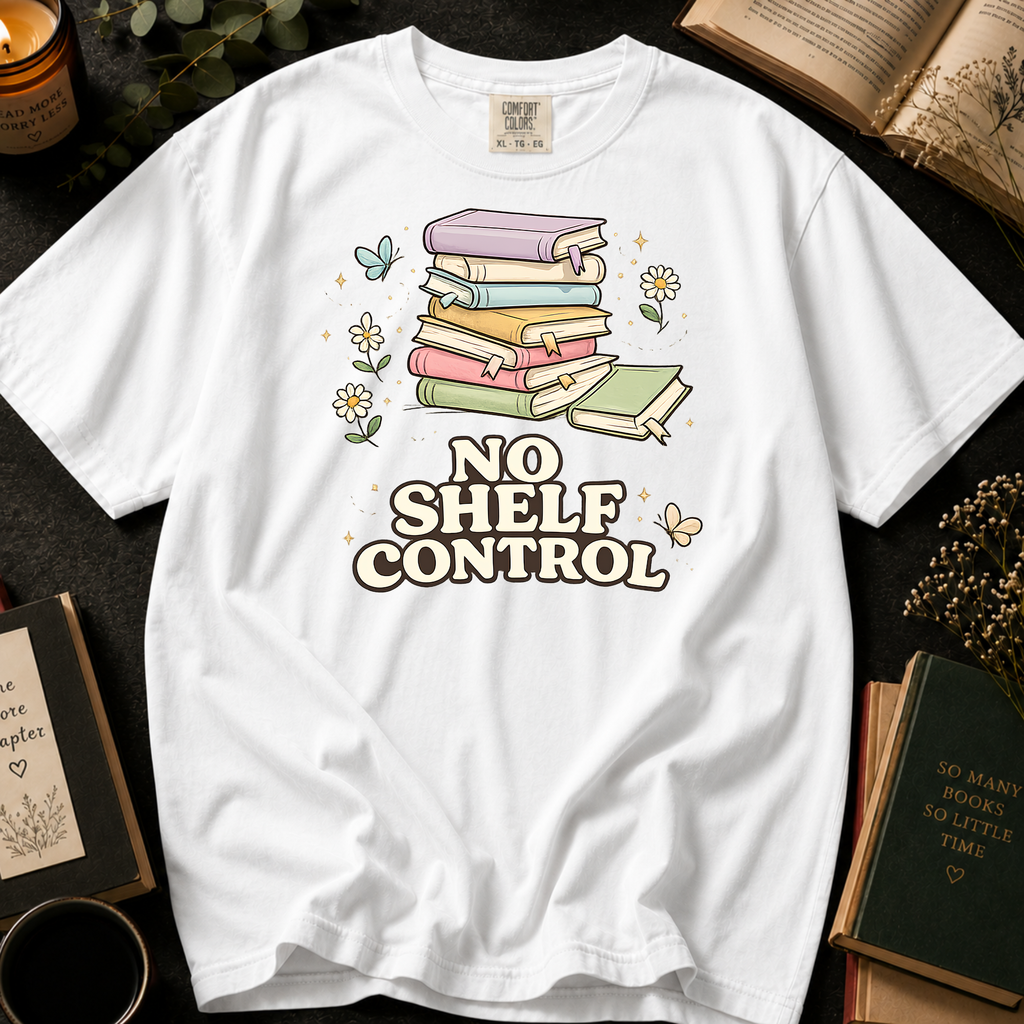 No Shelf Control T-Shirt: Pastel Book Stack in White - Comfort Colors® T-Shirt