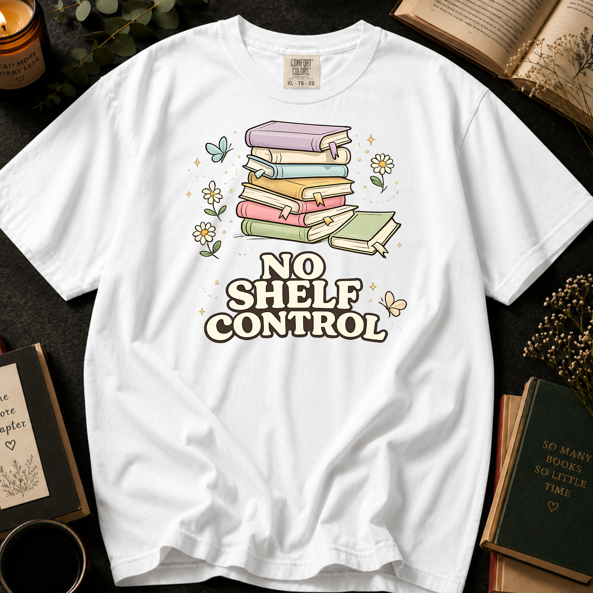 No Shelf Control T-Shirt: Pastel Book Stack in White - Comfort Colors® T-Shirt
