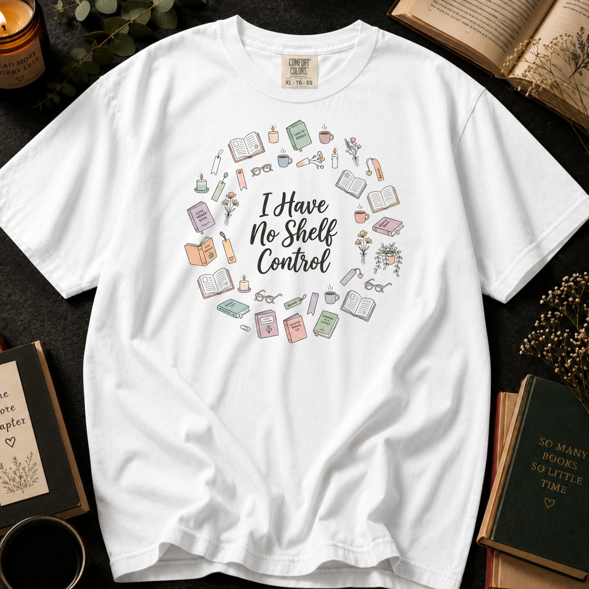 I Have No Shelf Control T-Shirt: Bookish Doodle Wreath in White - Comfort Colors® T-Shirt