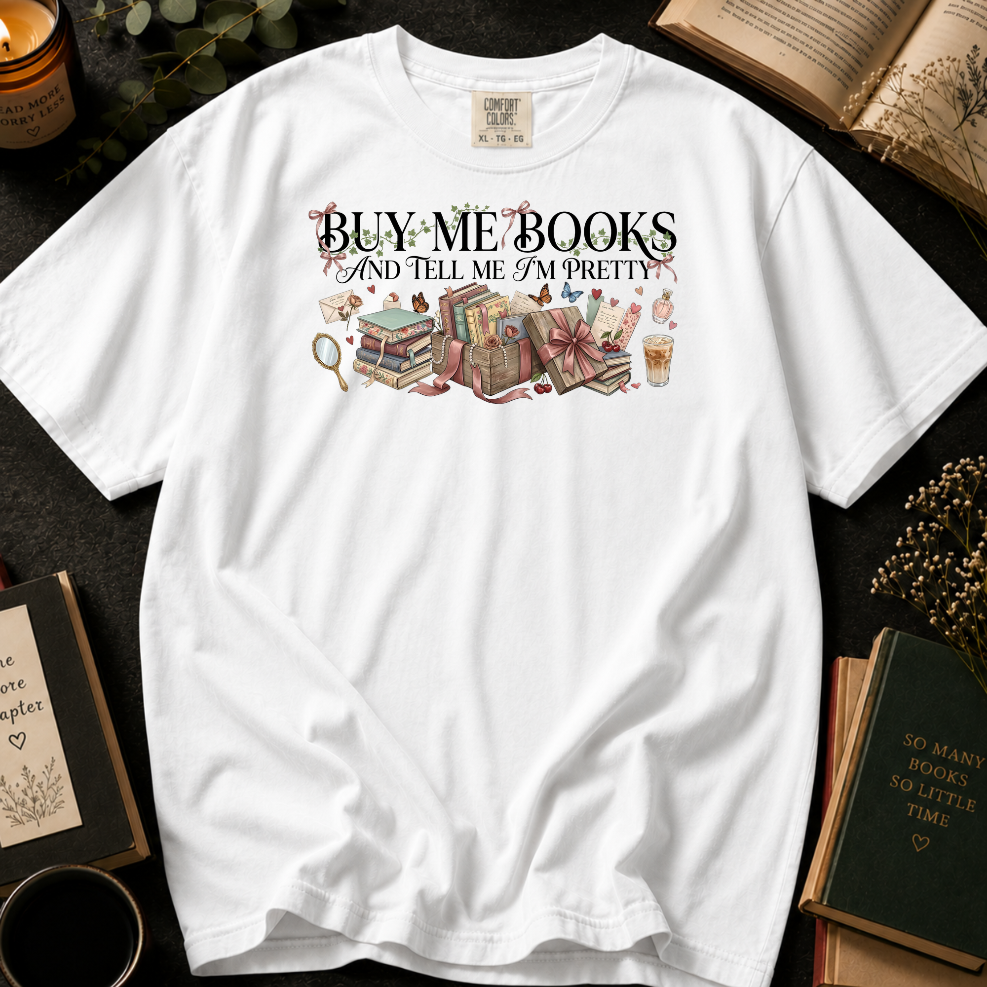 Buy Me Books and Tell Me I'm Pretty T-Shirt: Vintage Vanity and Gift Box in White - Comfort Colors® T-Shirt