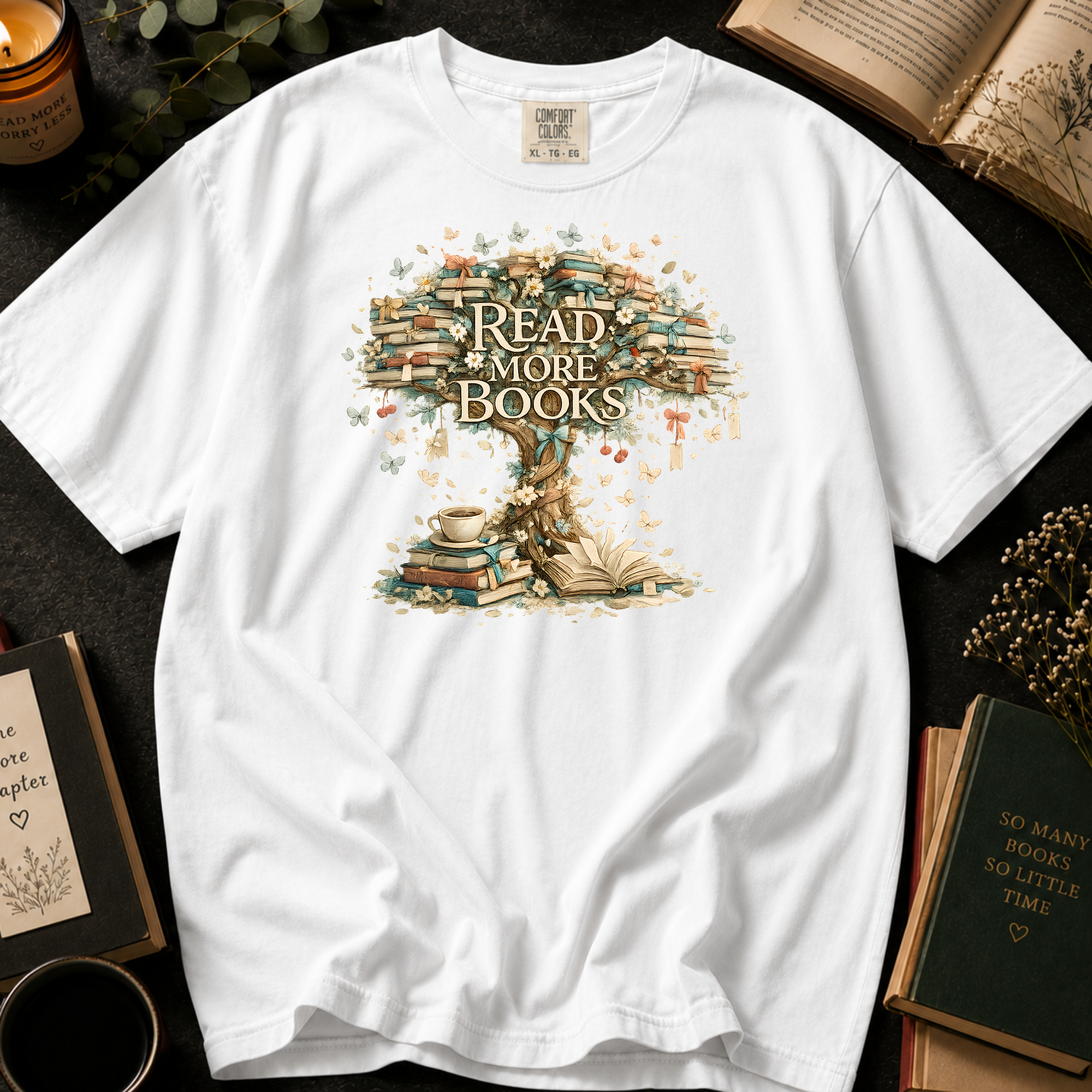 Read More Books T-Shirt: Vintage Book Tree in White - Comfort Colors® T-Shirt
