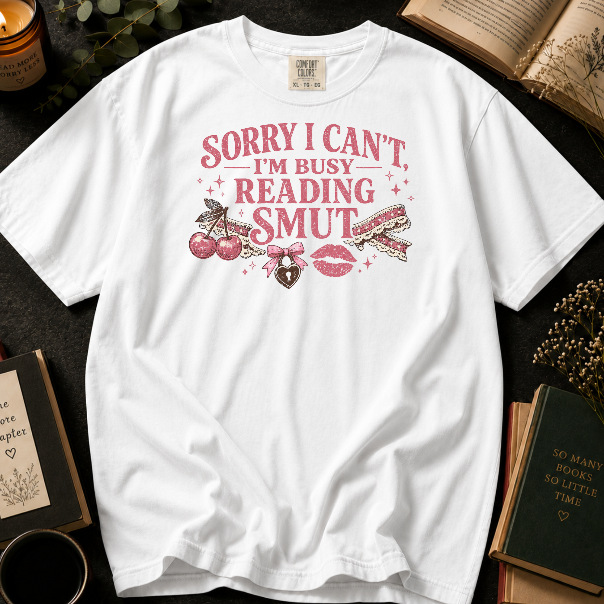 Sorry I Can't I'm Busy Reading Smut T-Shirt: Cherries and Bows in White - Comfort Colors® T-Shirt
