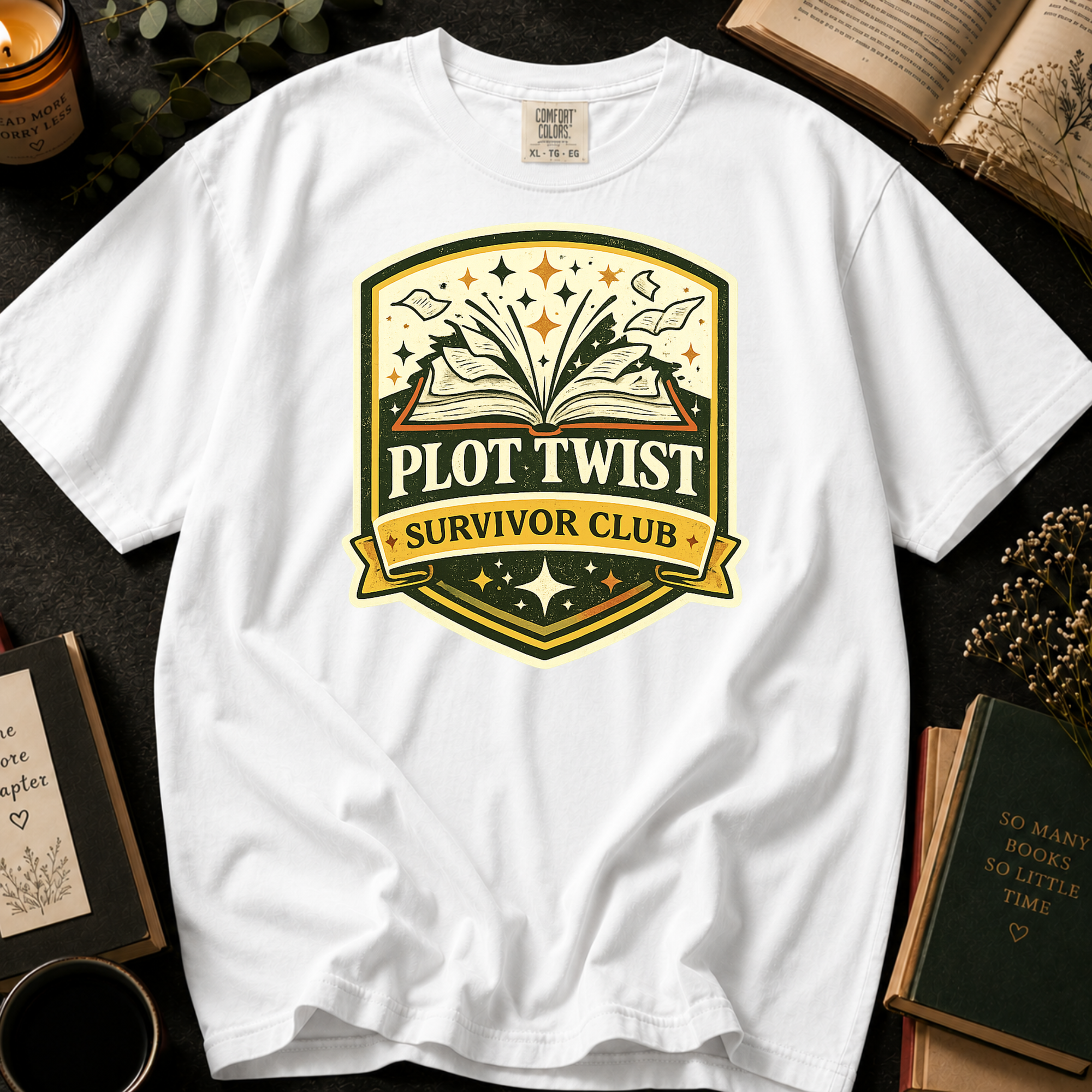 Plot Twist Survivor Club T-Shirt: Vintage Badge Book Lover in White - Comfort Colors® T-Shirt