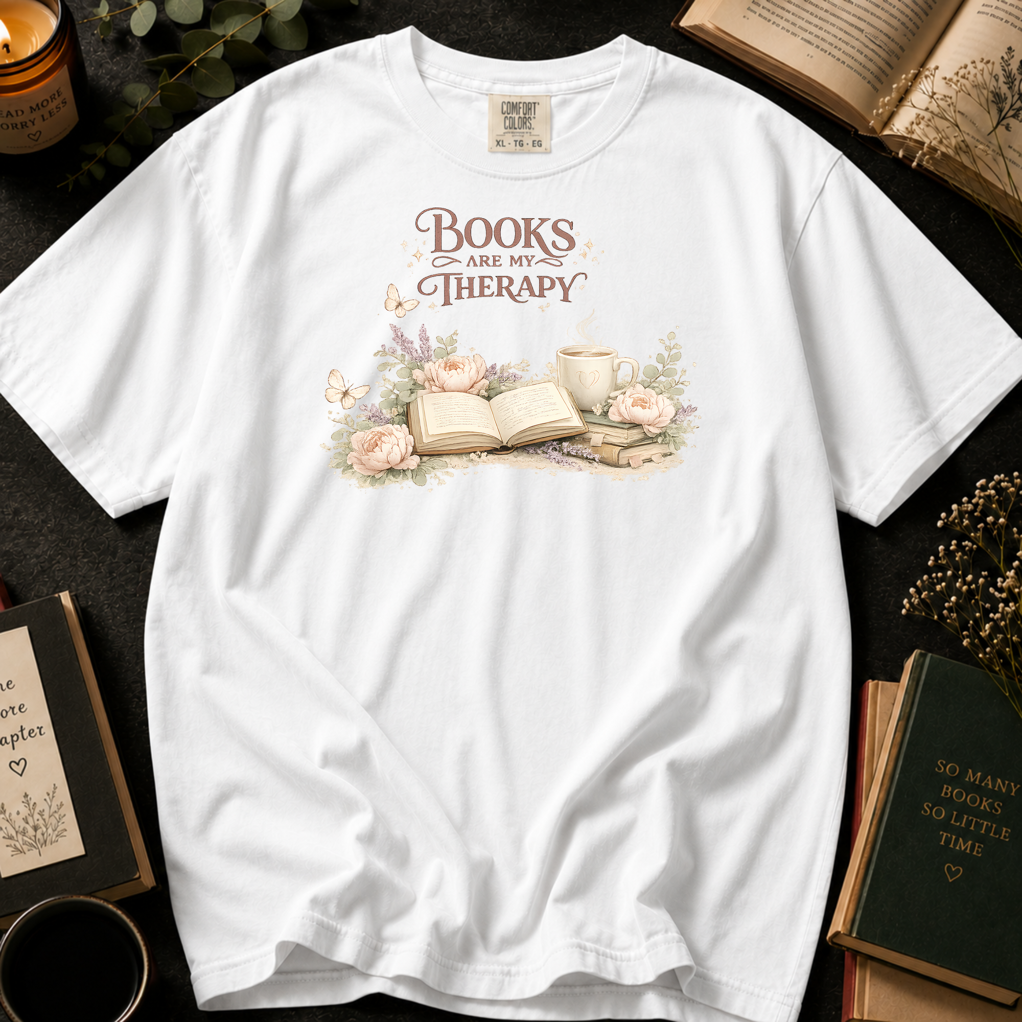 Books Are My Therapy T-Shirt: Floral Reading Nook in White - Comfort Colors® T-Shirt