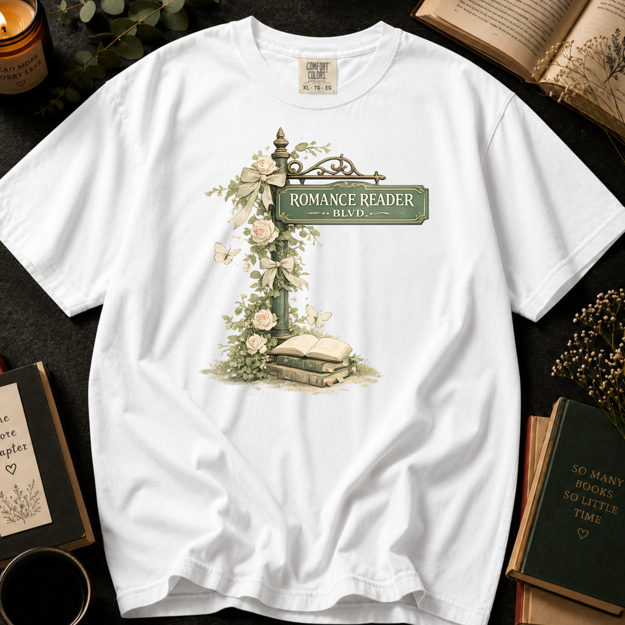 Romance Reader Blvd T-Shirt: Vintage Street Sign Floral in White - Comfort Colors® T-Shirt