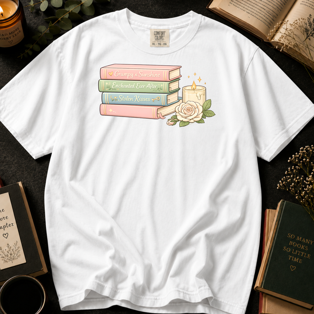 Grumpy x Sunshine T-Shirt: Pastel Romance Book Stack in White - Comfort Colors® T-Shirt