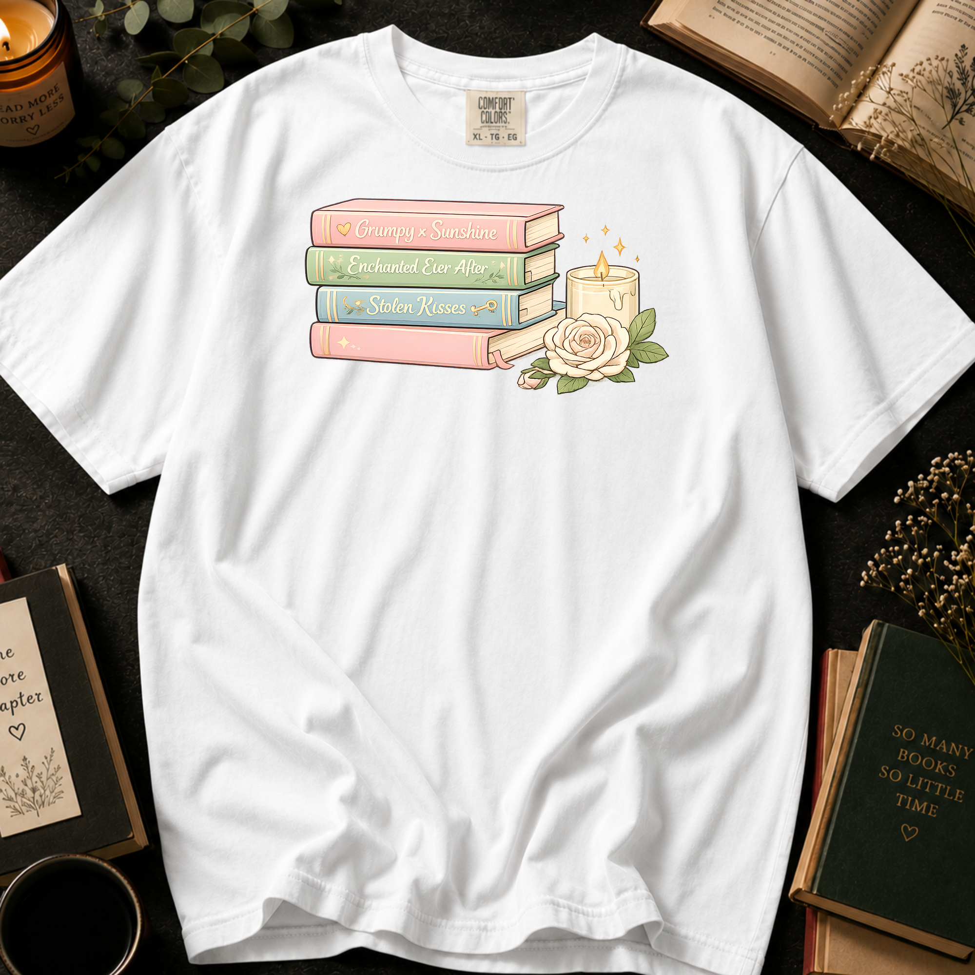 Grumpy x Sunshine T-Shirt: Pastel Romance Book Stack in White - Comfort Colors® T-Shirt