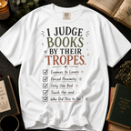 I Judge Books By Their Tropes T-Shirt: Enemies to Lovers Checklist in White - Comfort Colors® T-Shirt