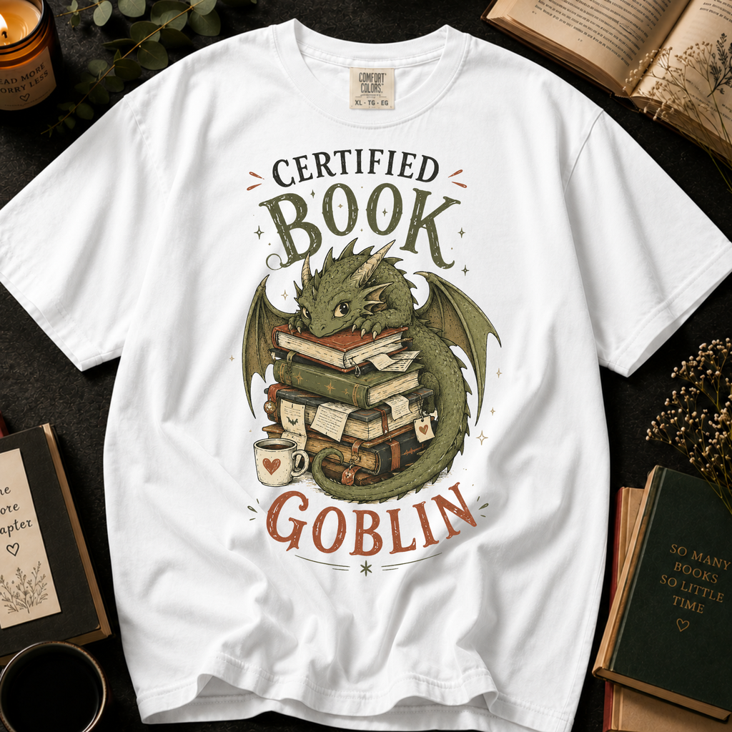 Certified Book Goblin T-Shirt: Cute Dragon Hoarding Books in White - Comfort Colors® T-Shirt
