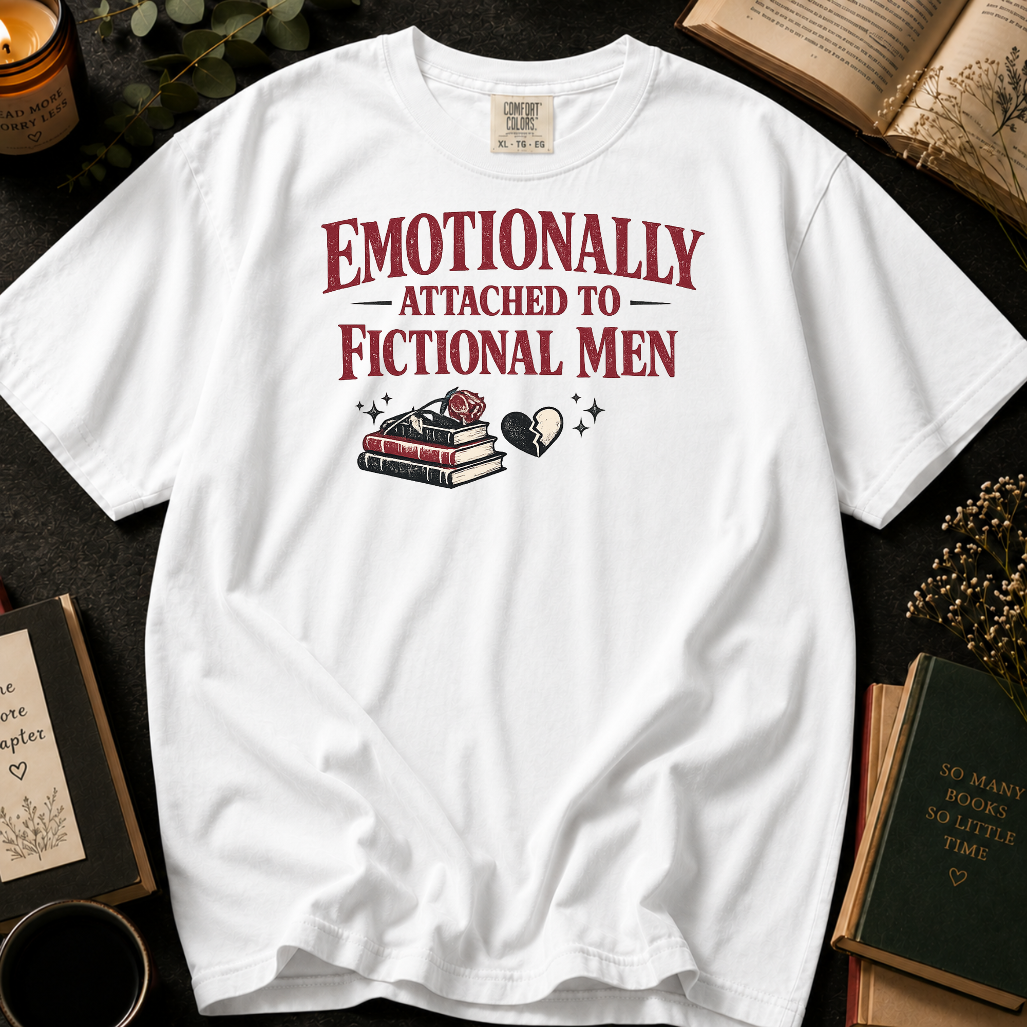 Emotionally Attached to Fictional Men T-Shirt: Broken Heart Book Stack in White - Comfort Colors® T-Shirt