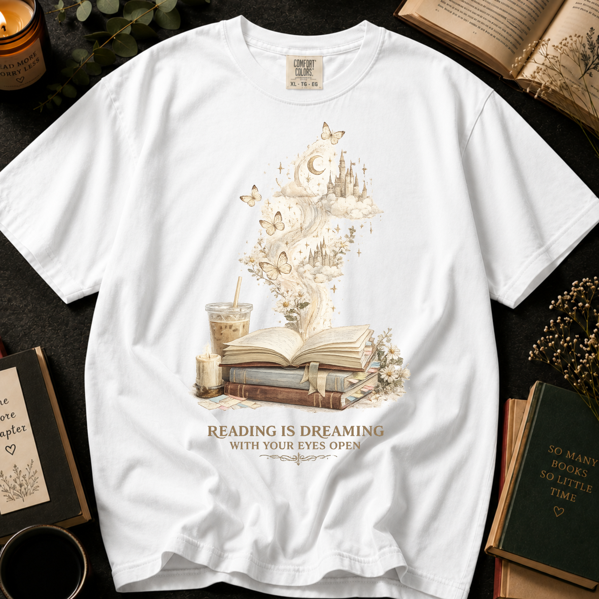 Reading Is Dreaming With Your Eyes Open T-Shirt: Fantasy Castle Book in White - Comfort Colors® T-Shirt