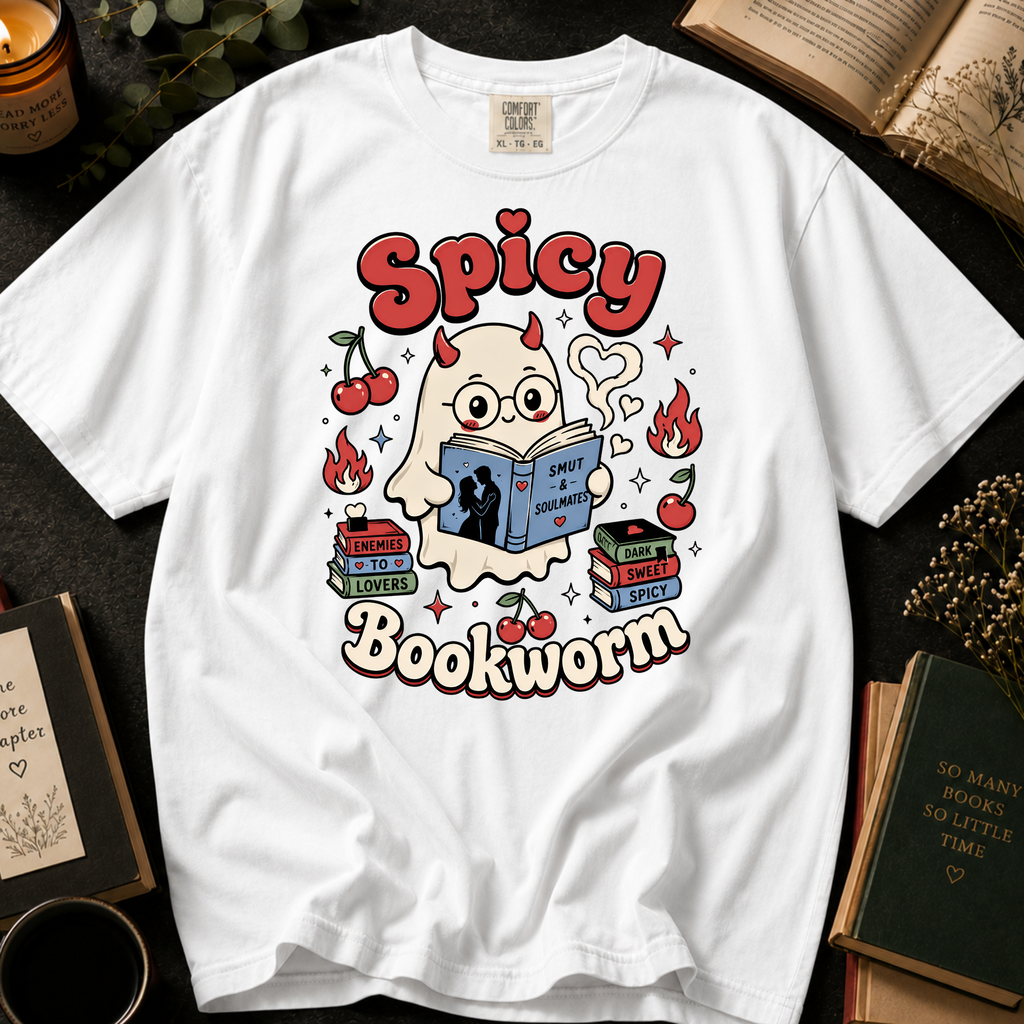 Spicy Bookworm T-Shirt: Cute Devil Ghost Reading in White - Comfort Colors® T-Shirt